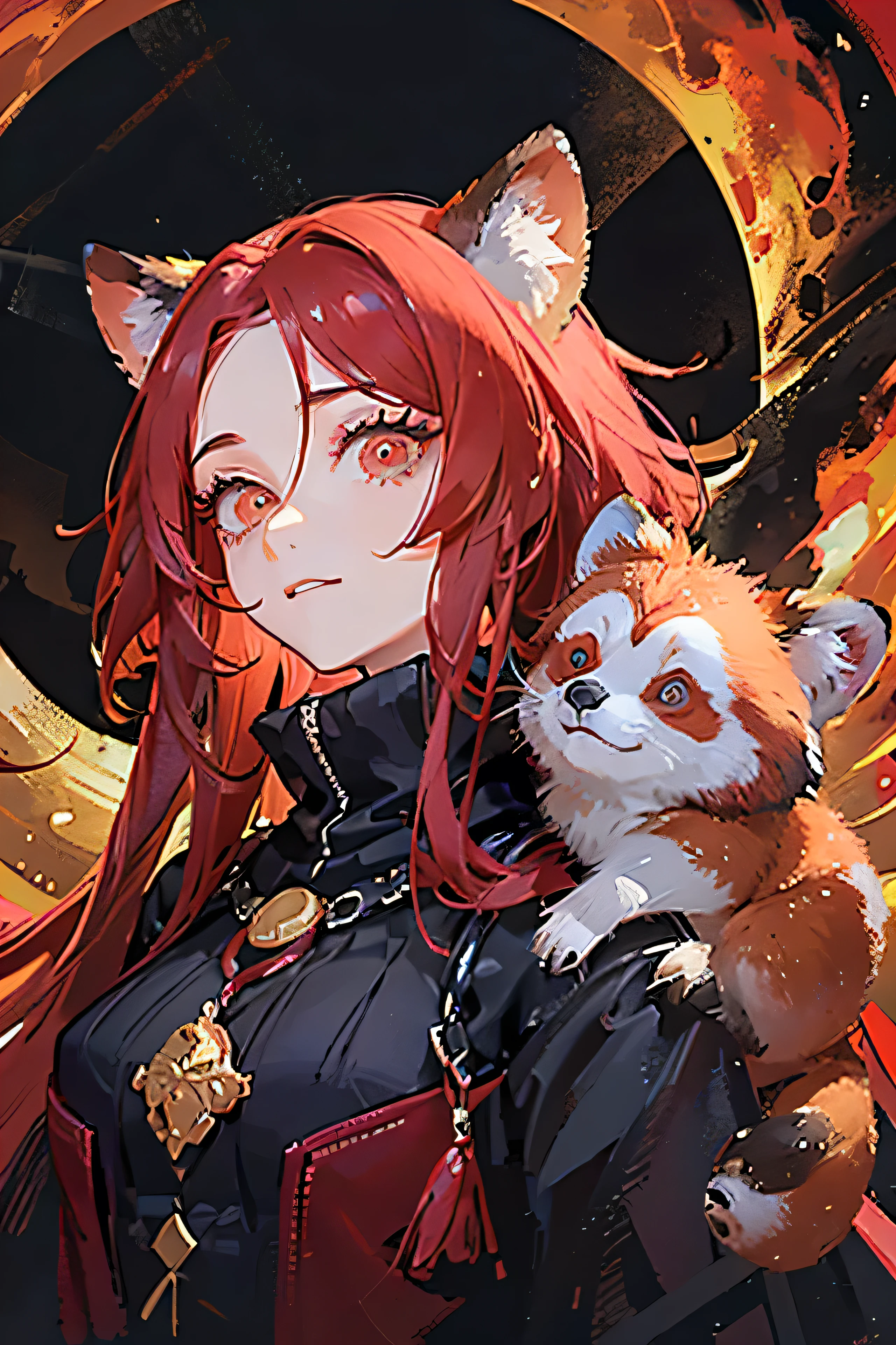 1 mulher , tem 1,60 de altura, tem cabelo longo e vermelho sangrento , olhos vermelhos, has red panda features, segura dois machados vermelhos de guerra, tem fogo a sua volta, peitos grandes, vestido negro