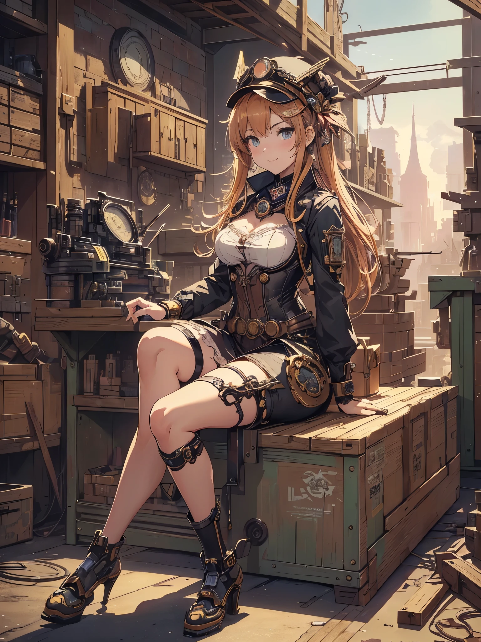 (Line art_anime),(full body, highest quality, ),(Laura Budd Photos:1.2),(Laura Add details:1.0),8k, Flat Color:0.8,1 girl,smile,(Highly decorative and complex mechanical steampunk fashion, Lace flare dolphin hat、goggles、(Sitting on a toolbox drinking coffee)、machinery background、Gear background、An elaborately mechanized steampunk cityscape 1.5)