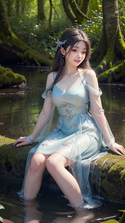 (best quality,4k,8k,highres,masterpiece:1.2),ultra-detailed,(realistic,photorealistic,photo-realistic:1.37),portrait of fairies,enjoying water play in a beautiful river in the forest,fairy with detailed face and hands, enchanted woodland scene, sparkling water, sunlight streaming through the trees, vibrant colors, ethereal atmosphere, delicate wings, flowing dresses, mischievous expressions, shimmering reflections on the water surface