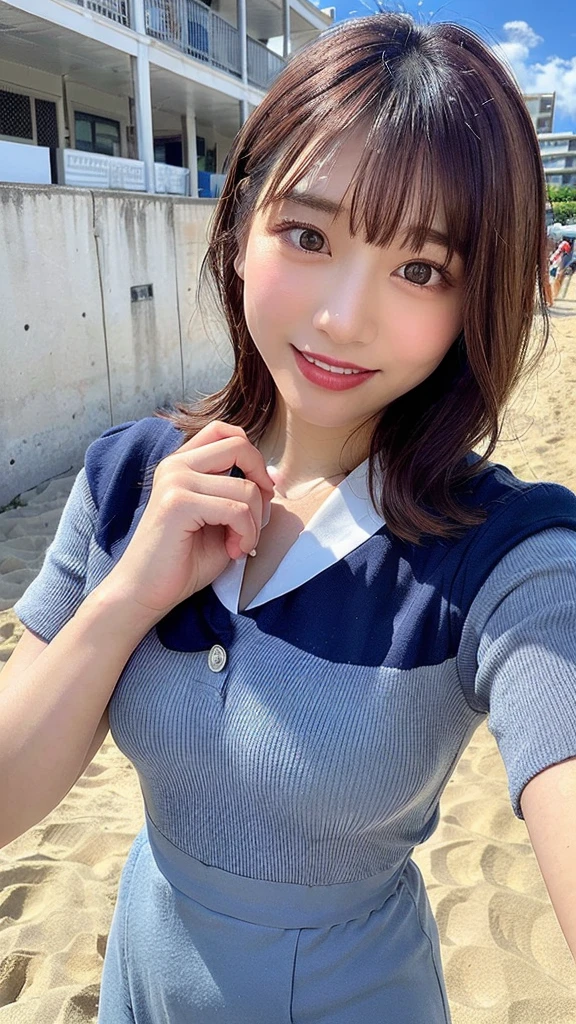 ((highest quality、8k、masterpiece：1.3))、Sharp focus：1.2、Beautiful in perfect style：1.4、Slender、((Black-haired、Huge 、 outside：1.2))、(summer、big、Beach、Enoshima:1.1)、Highly detailed face and skin texture、Detailed eyes、double eyelid、Sweaty、Sexy、the Beach、Summer vacation、date、Okinawa、Hawaii、big、sand Beach、Ocean View、((Beach))、((Uniform 1.5))、JK suit, checkered skirt, pleated skirt, shirt, bow tie,(Droopy eyes, Natural Makeup、Ultra-high definition beauty face:1.25)、(Ultra high resolution perfect beautiful teeth, Mid-chest, Tight waist, smile:1.15)、Ultra HD Shining Eyes、Super high quaHigh resolution 16K human skin closeup。 The skin texture is natural、,Pores、It must be detailed enough to be easily identifiable.。 Skin should look healthy and have an even tone。 Use natural light and color,lity glossy lip