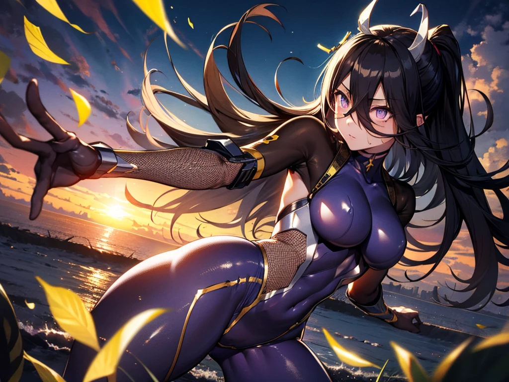 highest quality,detailed descriptiの上,whole bodyエスビアン,whole body,Kung Fu Pose,Spread your legs,Sweaty, Manhattan Cafe, Black Hair,Long Hair,Expressionless, View Viewer, Ahoge, Black gloves, Single earring, tail,flowing bangs,1 girl, (((highest quality))), Anatomically correct, grown, Big Ass, Devil Nin Suit,Rinko Costume, long 髪, ,High Ponytail, Side Lock, Ninja Artist, Shiny服, Impossible Bodysuit, Perfect for your skin, Purple bodysuit, fishing net, Underbust cut out, Arm guard, Underbust,cute, Looking at the audience, Beautiful Eyes, Beautiful background, Particles of light, Light of the sun, Dramatic lighting, outside, Shiny, Realistic, highest quality, Very detailed, Get used to it, scenery, Beautiful and detailed, thin 髪,