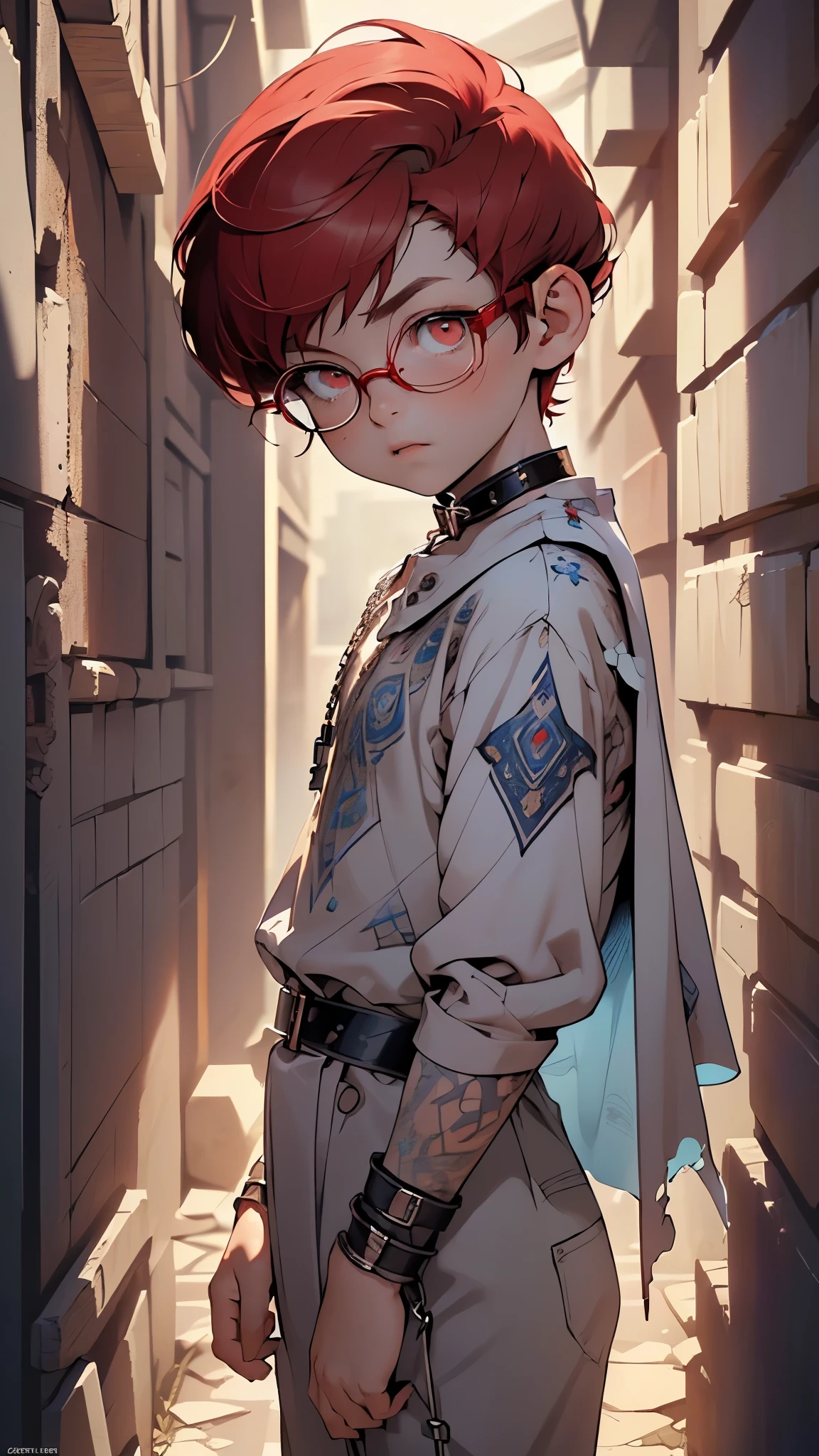 1,(1boy:1.5),13-year-old:1.5,teenager,femboy,Libido boy,Female physiognomy,
little boy,(((little boy,boy,???,??? only,,1boy,male gender))),
(red hair:1.5,short detailed hair,(very short red hair:1.5)),(((red_eyes:1.3))),intricate eyes,beautiful detailed eyes,symmetrical eyes,big eyes:1.5,child's chest,((??? body,a little chubby,good anatomy,accurate body proportions,detailed shota body for young boy:1.3,))),
serious and thoughtful man,(nsfw),cute,
(blue shoulder pads),(blue wizard cape, blue wide wizard costume,wizard),((bluetheme clothes:1.3)),((glasses:1.3)),((revealing clothing:1.5,show skin:1.5)),((underpants strap)),(tiny bulge on pants),(((slave collar,Long chain leash connected to her collar,shackles))),(((torn clothes:1.1,intricate outfit,intricate clothes))),
(dynamic pose:1.0),embarrassed,(centered,scale to fit dimensions,Rule of thirds),
inside,indoor,((subsurface,labyrinth,dungeon,dark dungeons,stone walls, deep empty caves,ancient glowing crystals,elaborate underground structure,columnar crystal formations,subterranean fantasy,illuminated pathways leading deeper,hidden door veiled in shadows)),scenery:1.25,((intricate scenery)),
(Glossy glowing ornaments),highres,sharp focus,(ultra detailed,extremely detailed),(photorealistic artwork:1.37),(extremely detailed CG unity 8k wallpaper),(((vibrant colors,vibrant theme))),(intricate),(masterpiece),(best quality),artistic photography,(photography taken by sldr),(intricate background),perfect rendered face,perfect face details,realistic face,photo realistic,((intricate detail)),(((realism))),