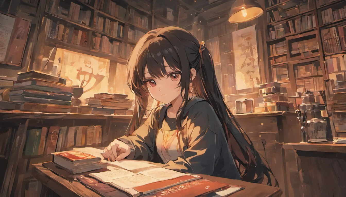 A room with a messy desk and books. Sitting on the bed、Listening to music with headphones on。Black haired girl anime illustration、Dark Eyes、Japanese