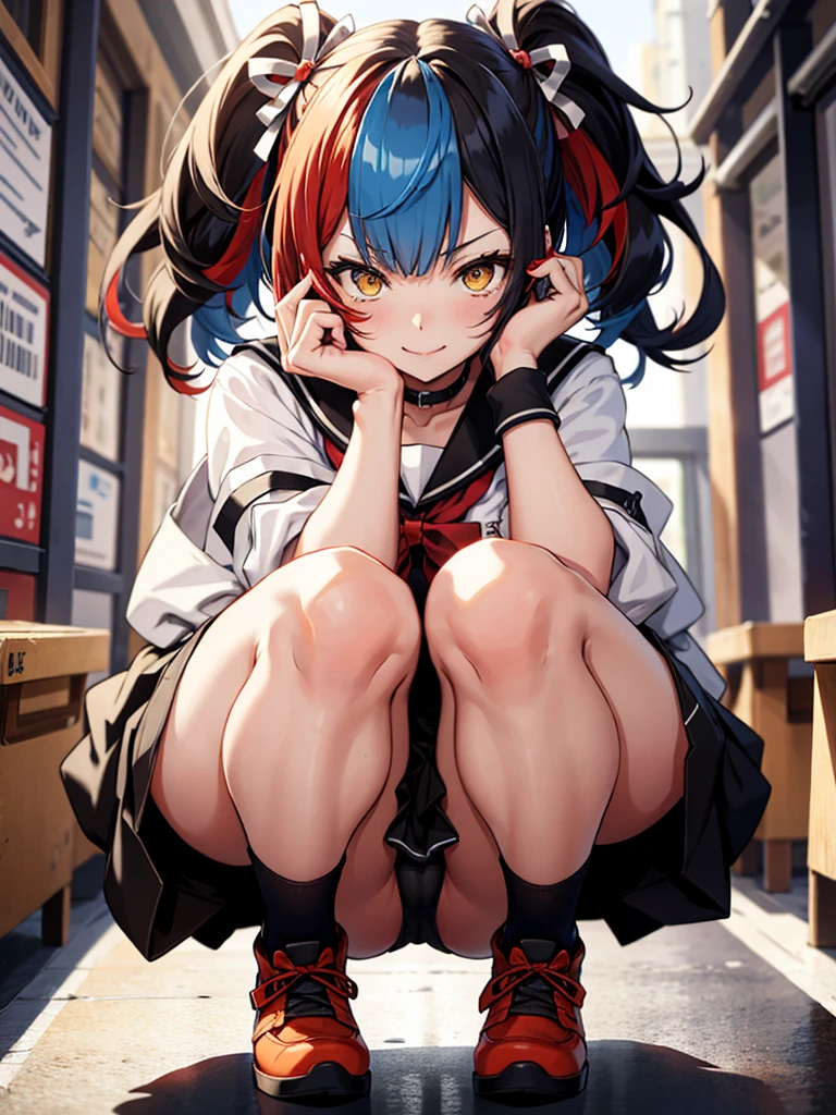 Seishonagon, 1girl in, Solo, Yellow eyes, Twin-tailed, Solo, Blue hair, multicoloRed hair, Black hair, Red hair, Jacket, Collar, serafuku, sailor Collar, bowtie, Red bow, Obi, Black socks, knee sox, red footwear, nail polish BREAK,upper body,Bright classroom,(squatting,open legs),spread legs,evil smile,panty shot,head rest,Focus on the crotch