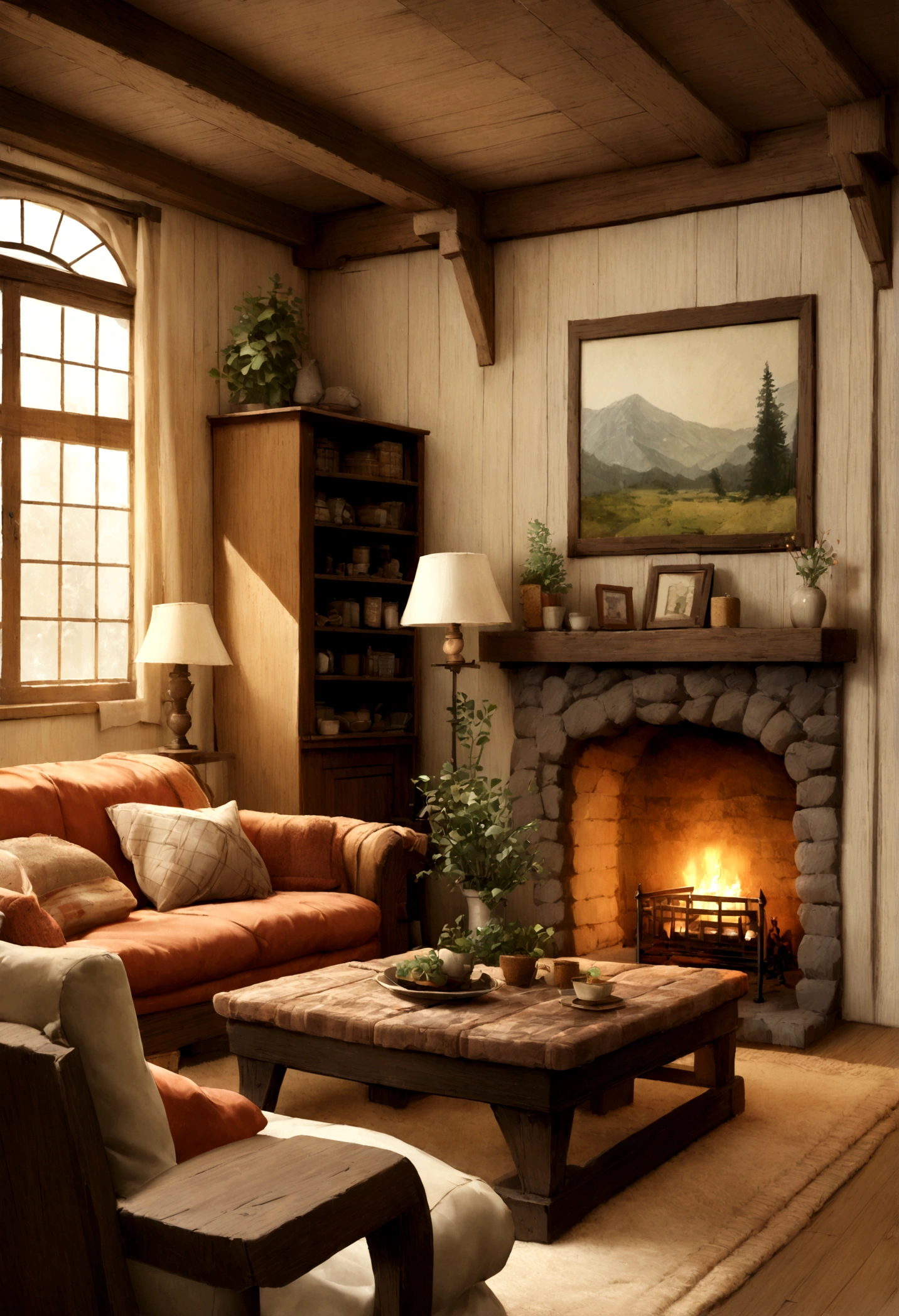 Arav living room with fireplace and large windows, Detailed illustrations by Ivan Grohar, shutter, reproduction, cozy place, Comfortable living room interior, Soothing and comfortable scenery, Warm home background, comfortable environment, cozy atmosphere, Comfortable living room, Comfortable atmosphere, Warm interior, comfortable and calm, Country Style, Cozy living room