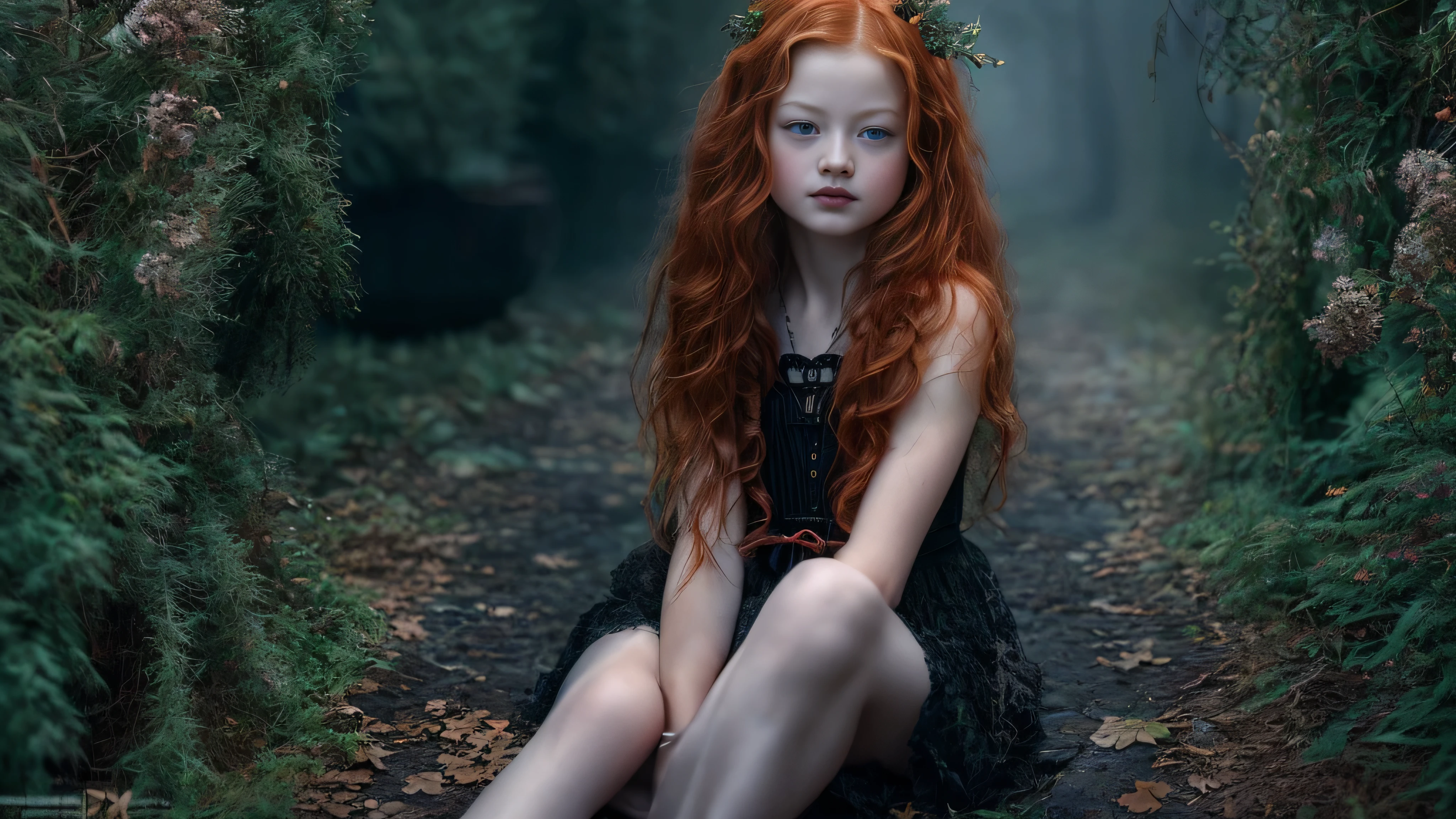 (Mackenzie Foy ginger hair teen girl,13 years old with spread legs:1.6), (long, messy hair:1.3), blue eyes, detailed eyes, detailed lips,(walk nude, sensual, full body:1.5), (photo different angles:1.5), (walk in gothic dark garden, dark and scary, creepy gothic, gothic garden, gothic:1.5), (dark mood, creepy,) (mist, fog:1.3)low neck, ray tracing, (best quality, 4k, 8k, high resolution, masterpiece:1.2), very detailed, (realistic , photorealistic, photorealistic :1.37), HDR, UHD, masterpiece, professional, vivid colors, bokeh, studio lighting,nsfw
