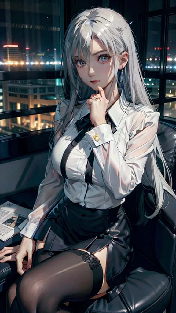 Woman wearing business outfit, formal blazer, white blouse, black high waist business skirt, black sheer pantyhose, beautiful, masterpiece, best quality, extremely detailed face, perfect lighting, nice hands, perfect hands, (white hair:1.2), long hair, (grey eyes:1.2), slender build, long legs, thin, medium breasts, business woman, ceo, sitting in luxurious black leather office chair, giant modern window with view of nighttime city skyline in background