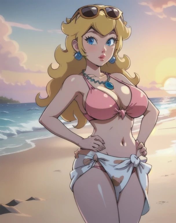 masterpiece, best quality, 4k, high res, detailed, detailed background, beautiful blue eyes, CARTOON, ANIME, CARTOON ARTSTYLE, detailed face, highest quality, 1girl, solo, long hair, looking at viewer, blue eyes, blonde hair, hair ornament, navel, jewelry, swimsuit, flower, bikini, earrings, outdoors, necklace, lips, eyelashes, ocean, beach, sunglasses, eyewear on head, sunset, sarong, flower necklace, princess peach, huge breasts, thick thighs, hands on hips, puckered lips, beach vacation, summer getaway, relaxed atmosphere, cinematic lighting, sunset,
