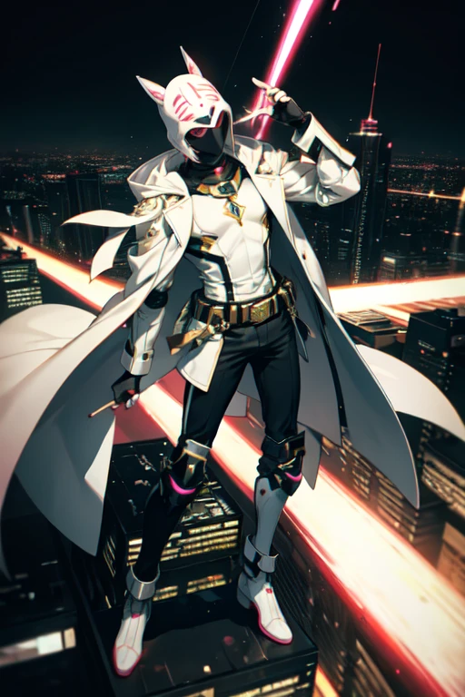 ((best quality)), ((masterpiece)), (detailed), 1 boy, full body, 19 years old, masked, white mask covering his entire head, mask covering his mouth, large black goggles, black aviation mask, black collar, tall and slender, very thin, long beige trench coat, open trench coat showing his chest, black fingerless gloves, white wristbands, white suit, white chest, luminous pink letter "I" emblem on the chest, letter I, black pants, white knee pads, metallic white shoes, superhero belt, nanotechnology in the air, flying in a building, city background, anime