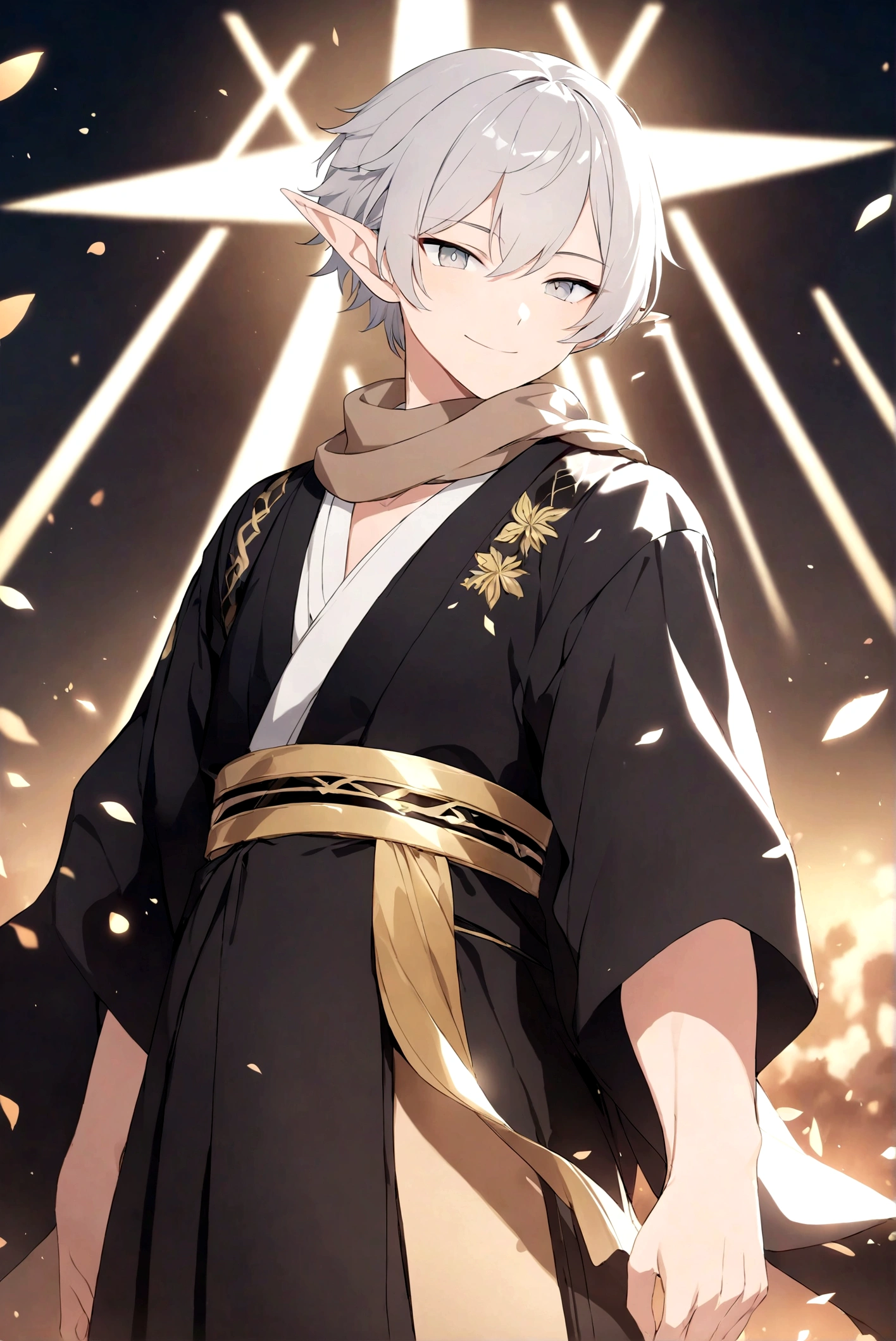 (Artwork, very high quality photo, CGI effect, lighting effect, shading effect), a male elf, bright gray eyes, short platinum hair, (wearing a black kimono with gold details), a brown scarf wrapped around his neck , white yukata over the kimono, (A confident smile on his face, a look of victory)