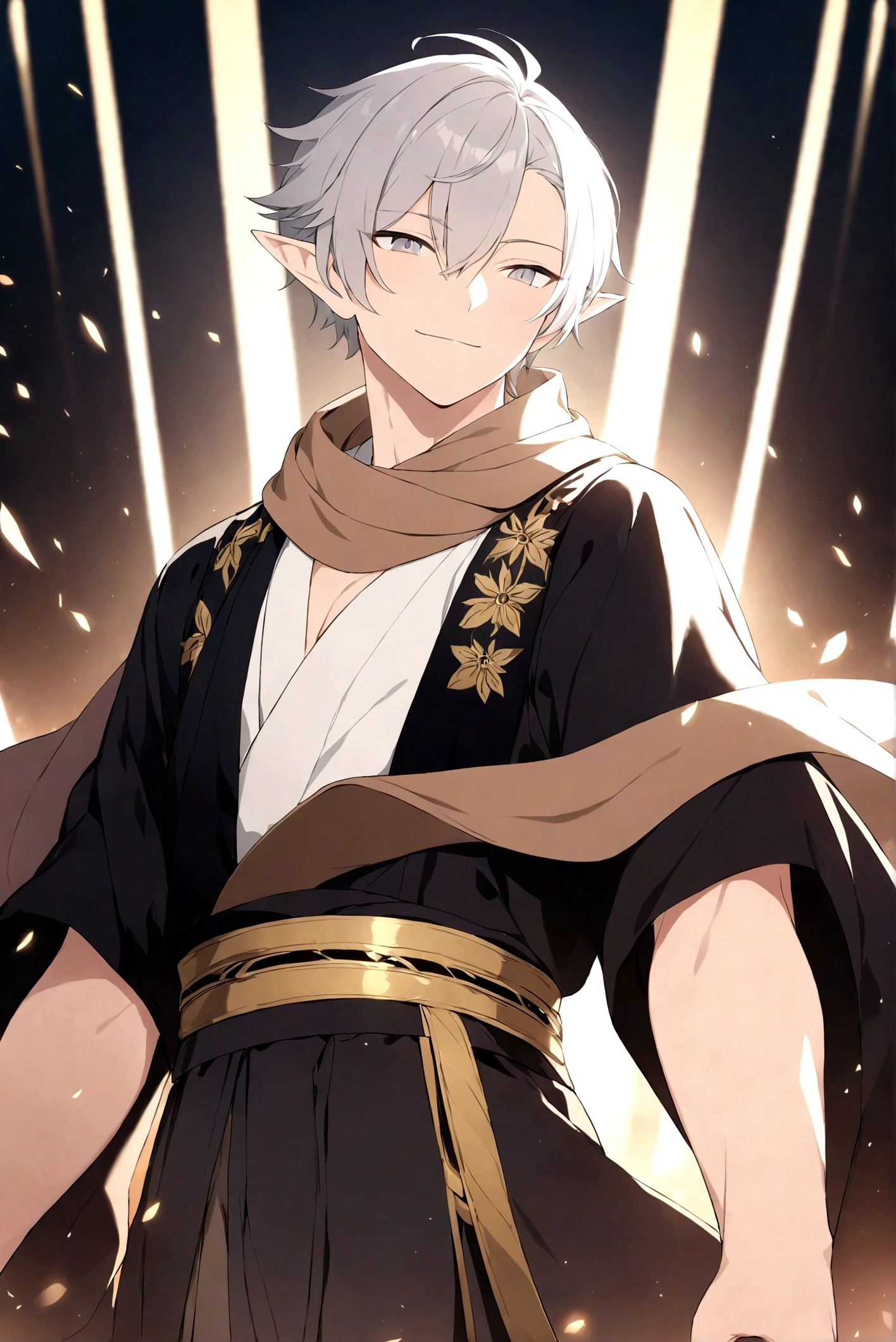 (Artwork, very high quality photo, CGI effect, lighting effect, shading effect), a male elf, bright gray eyes, short platinum hair, (wearing a black kimono with gold details), a brown scarf wrapped around his neck , white yukata over the kimono, (A confident smile on his face, a look of victory)