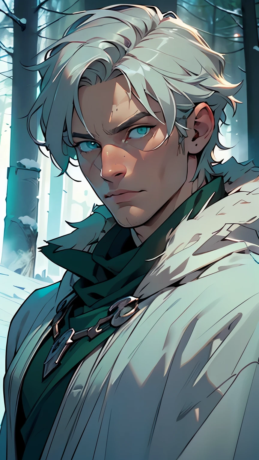 Man, Nordic,Man:1.5,1 Man,,(male,muscle,1 boy, 1 boy,chest,Man chest, muscular), 25 year old Man,young,((1male,1 male,1Man,Man,male gender:1.5,handsome Man,male focus)),young handsome male,(silver hair),(((green_eyes:1.3))),difficult eyes,beautiful detailed eyes,symmetrical eyes,((detailed face)), certain body, waist-deep body serious face, (((blue eyes))), blond combed hair
(((handsome hunter in a blue cloak with white fur))),((difficult outfit,difficult clothes)), Waist-deep frame
(dynamic pose:1.0),derisive,(centered,scale to size,rule of thirds),
((заснеженный сосновый лес nightю, dark forest, snow, Foggy, An eerie aura, creepy atmosphere)),with dark storm clouds,winter,Landscape:1.25,difficult Landscape,((snow forest background)), ((night)), Moonlight
(Glossy winter ornaments),a high resolution,sharp focus,(ultra detailed,extremely detailed),(photorealistic work:1.37),(extremely detailed CG unity 8k wallpaper),(((bright colors,bright theme))),(difficult),(masterpiece),(Best quality),art photography,(photo taken by sldr),(difficult background),perfectly drawn face,perfect facial details,realistic face,photo realistic,((difficult detail)),(((realism))),