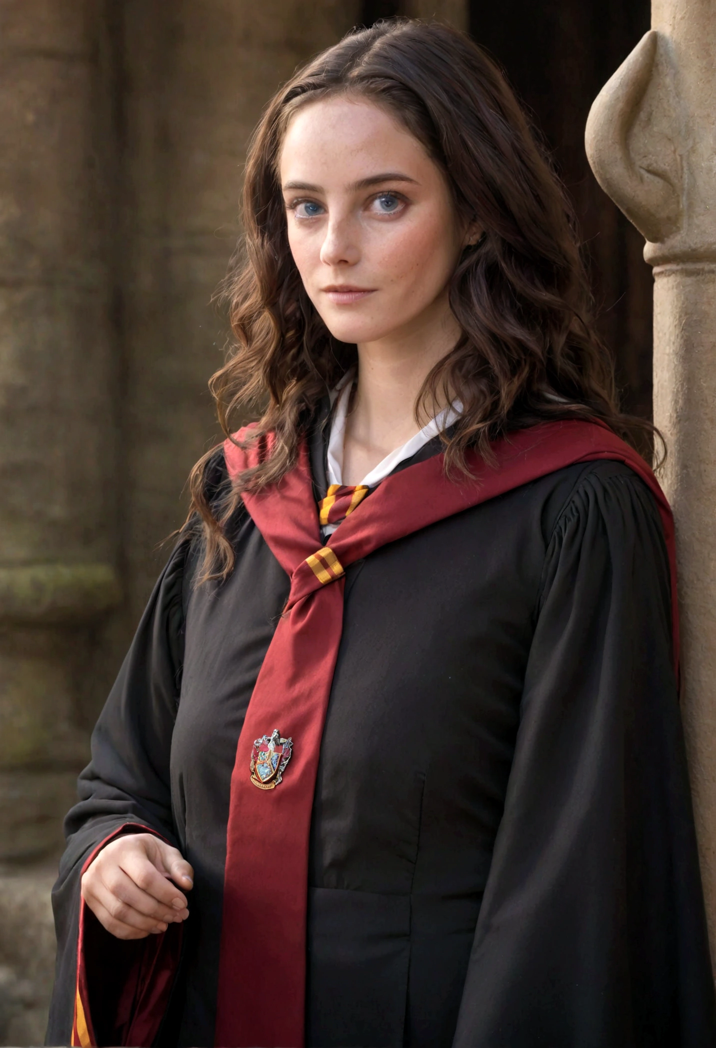 Arad woman in Harry Potter robes(((medium close-up))),1girl in,8K, Raw photography, top-quality, masterpiece, realisitic,Robes,wearing black wizard robes, Gryffindor, magic , looks like an aged 29 Kaya Scodelario, aged 24, wearing robes and neckties, hogwarts style, wearing red sorcerer's robes, High quality clothing, (Canon EOS 5D Mark IV Camera, Famous for capturing vibrant colors and rich textures:1.2)