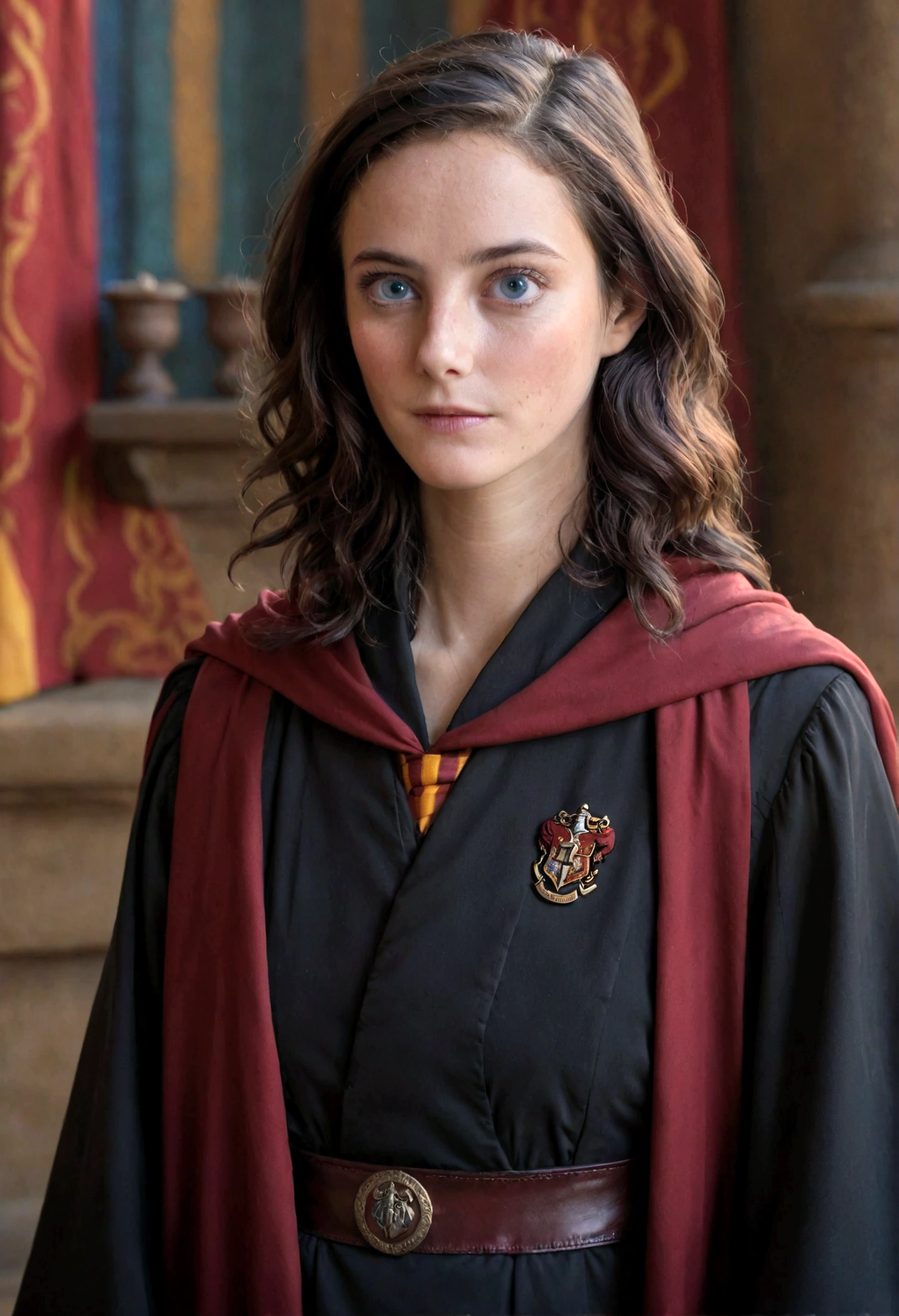 Arad woman in Harry Potter robes(((medium close-up))),1girl in,8K, Raw photography, top-quality, ​masterpiece, realisitic,Robes,wearing black wizard robes, Gryffindor, magic , looks like an aged 29 Kaya Scodelario, aged 24, wearing robes and neckties, hogwarts style, wearing red sorcerer's robes, High quality clothing, (Canon EOS 5D Mark IV Camera, Famous for capturing vibrant colors and rich textures:1.2)
