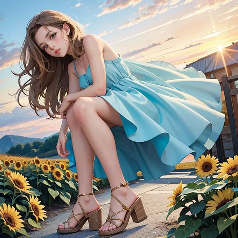 (masterpiece, best quality:1.2), 1girl,alone,giant girl, solo,legs,dress,pretty,masterspiece,Cute and beautiful girl,long brown hair with soft curls of apricot color,string sky blue camisole dress,nude brown flat sandals without heels,The background is a colony of sunflowers,Sunset lighting,focus on footwear,golden dark blonde hair,perfect realistic feet,light blue toes,looking from below