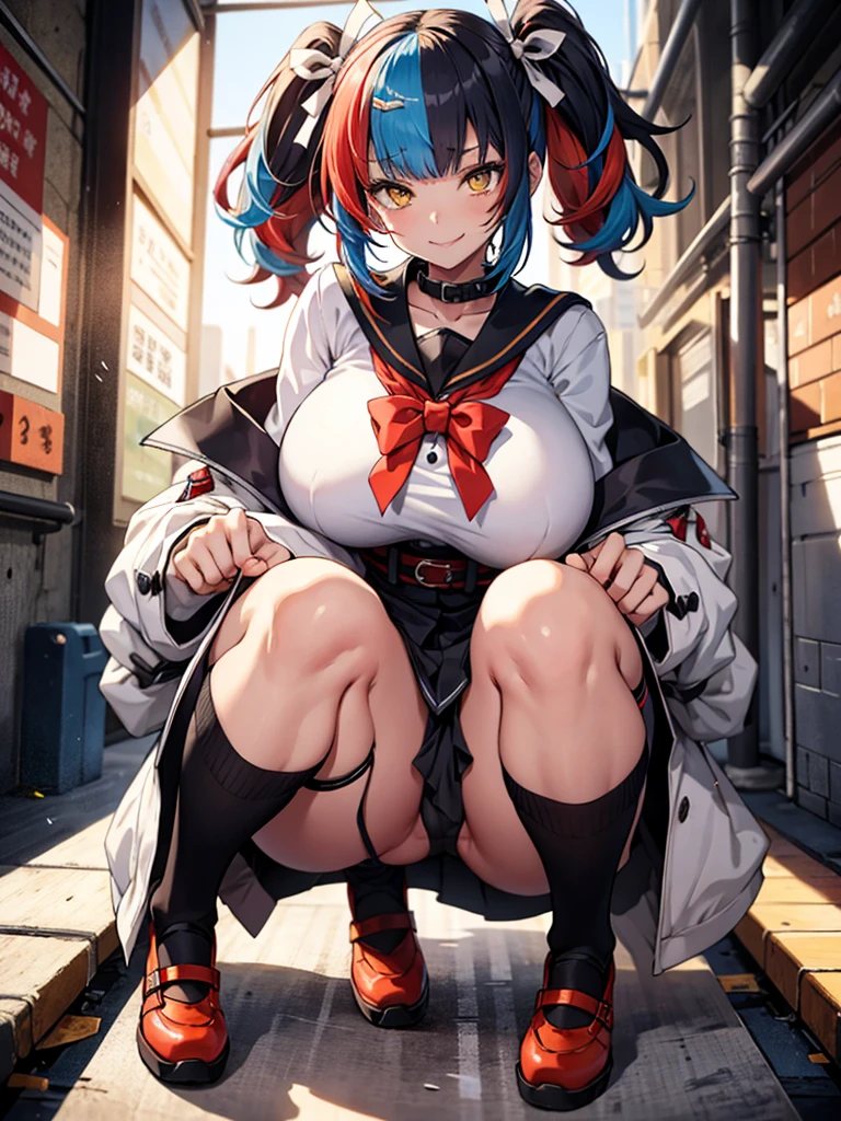 Seishonagon, 1girl in, Solo, Yellow eyes, Twin-tailed, Solo, Blue hair, multicoloRed hair, Black hair, Red hair, Jacket, Collar, serafuku, sailor Collar, bowtie, Red bow, Obi, Black socks, knee sox, red footwear, nail polish BREAK,upper body,Bright classroom,(squatting,open legs),spread legs,evil smile,panty shot,head rest,Focus on the crotch, (( girl, pov, hetero, )), (ultra detailed breasts, breasts skin texture, ultra enormous gigantic breast expansion, detailed large breasts, ),