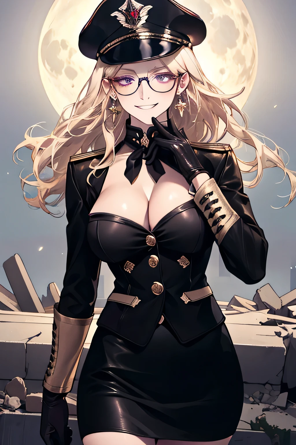 ( Detailed Description, High resolution,8k wallpaper,, masterpiece,best quality,Depth of Realm). A beautiful young woman、so beautiful、Anatomically accurate depiction,Platinum Blonde,Facial details、Glasses、Gold earrings in the ears(Provocative smile),(She is wearing a dark purple military cap.,Dark purple military jacket、Black Leather Gloves,Wearing a tight black leather skirt)、(Large Breasts)、Cleavage,Accurate hand drawing. The background is a collapsed building,night,full moon.