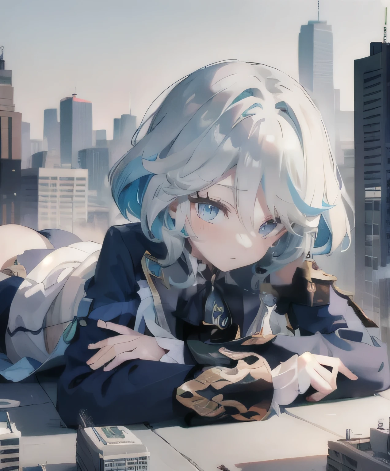 1 Girl,Shy,barefoot,white blue hair,blue eyes,Lying on the planet,line-up,line-upGiga,city building,line-upCity,look up