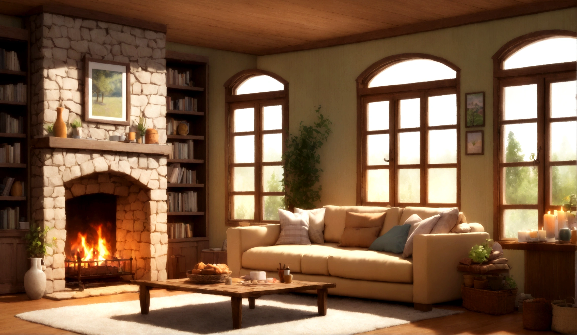 Arav living room with fireplace and large windows, cozy place, Comfortable living room interior, Warm home background, Soothing and comfortable scenery, comfortable environment, cozy atmosphere, Comfortable living room, Comfortable atmosphere, Warm interior, comfortable and calm, Country Style, Cozy living room, Comfortable and peaceful atmosphere, Comfortable living room background, Magical environment