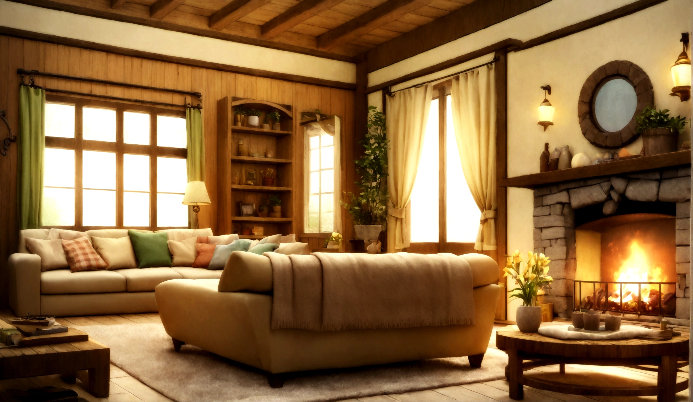 Arav living room with fireplace and large windows, cozy place, Comfortable living room interior, Warm home background, Soothing and comfortable scenery, comfortable environment, cozy atmosphere, Comfortable living room, Comfortable atmosphere, Warm interior, comfortable and calm, Country Style, Cozy living room, Comfortable and peaceful atmosphere, Comfortable living room background, Magical environment