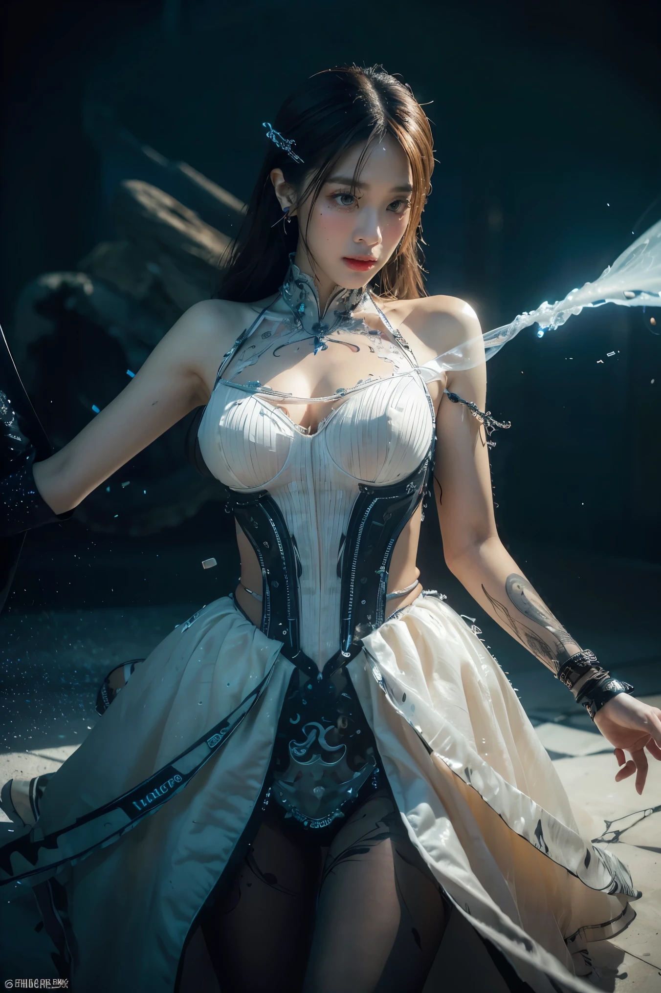 ((masterpiece, best quality)), ultra detailed 8k, photorealistic, sharp focus, highly detailed, professional lighting , shadowmancer, photo of a woman, ink particle, ((swirling black ink floating around)), futuristic fantasy, futuristic white dress, dynamic pose, realistic, masterpiece, intricate details, detailed background, depth of field,