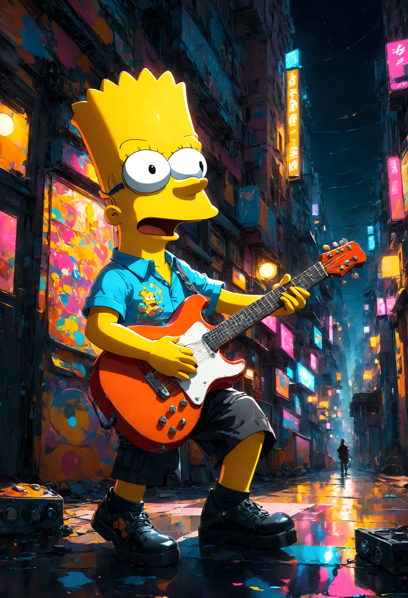 Guitarist, Bart Simpson, street, best quality, masterpiece, very aesthetic, perfect composition, intricate details, ultra-detailed