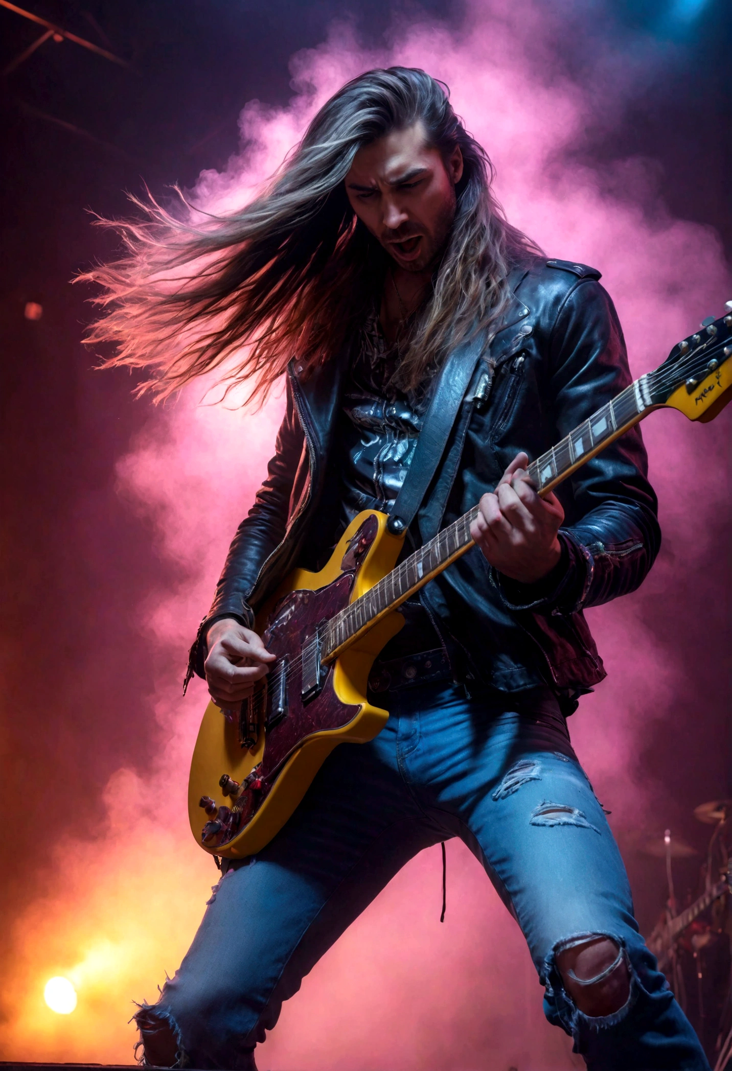 A rockstar guitarist performing on stage, electric guitar, long hair, ripped jeans, leather jacket, dramatic lighting, fog machine, smokey atmosphere, electric guitar shredding, intense facial expression, crowd cheering, neon signs, vibrant colors, pop art style, dynamic composition, hyperrealistic, 8k, high quality, photorealistic