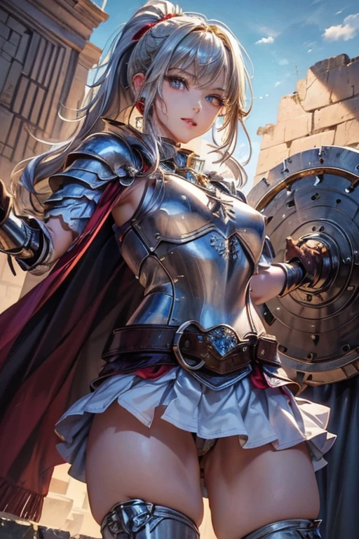 #Basics Girl posing for a photo, animeのかわいい女の子, (((One Girl, , 16 years AK
#Clothing Accessories
(Silver Armor:1.4, Breastplate decorated with red gemstones, Gauntlet, Armor Plate, red cape, Combat Boots, sword, shield),
BREAK
#Features
(Silver Hair:1.4, Bangs that expose the forehead:1.4, (ponytail : Very long hair +Thick, curly hair + Black string ribbon)),
(Droopy eyes,blue eyes),
(Small breasts),
BREAK
#expression
(smug face, Grin),
#background environment
((noon, Medieval fantasy temple)),
#composition
(Raise one arm high:1.4, from below:1.4, Cowboy Shot:1.4),
BREAK
#Body parts elements
(Beautiful Hair,Shiny Hair),
(double eyelid, Long eyelashes),
(Expression of fine eyes, Beautiful and delicate eyes, Sparkling eyes, Eye Reflexes),
(Beautiful Nose, Thin Nose),
(Glossy lips, Beautiful Lips, Thick lips), (Symmetrical facial features),
(Detailed skin, Textured skin, Beautiful Skin),
BREAK
#Quality
(((highest quality)), ((masterpiece)), ((Very detailed))),
((High resolution), (16k,1080p)),
(Realistic), (Anatomically correct),
((comics, anime)), (3DCG), CG illustration,