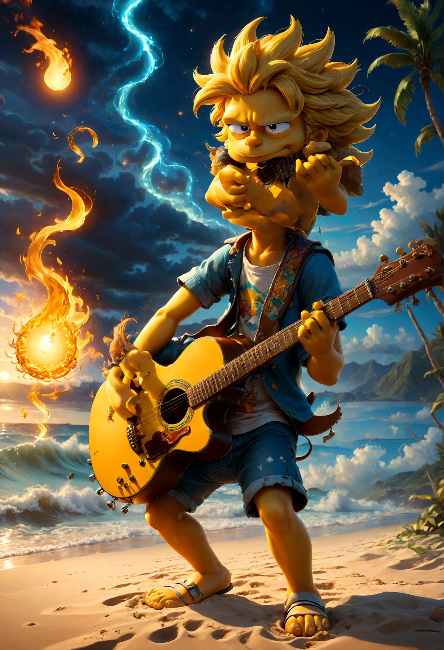 Guitarist, Bart Simpson, beach, best quality, masterpiece, very aesthetic, perfect composition, intricate details, ultra-detailed