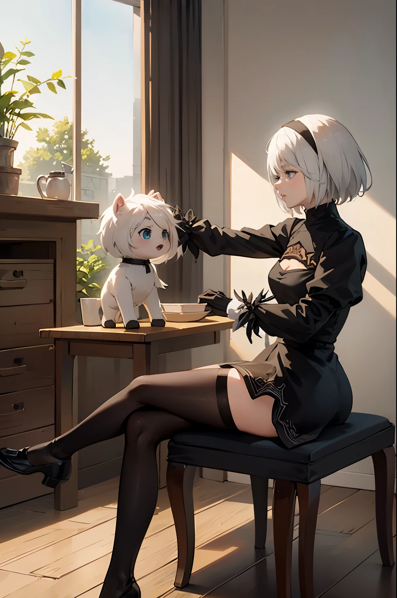 anime girl with white hair sitting on a chair in a room, 2b nier automata, 2b, 2 b, nier:automata inspired, nier : automata inspired, film still of 2b nier automata, 2 b from nier automata, 2b from nier automata, nier 2 b, nier inspired, nier autoamata, nier automata