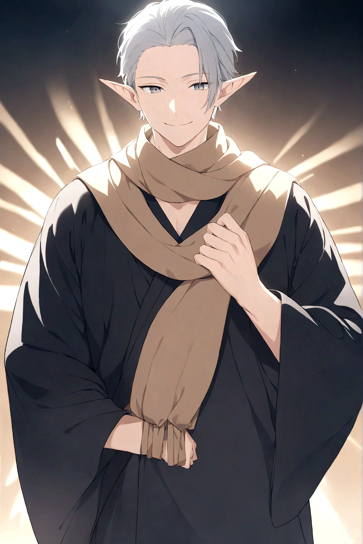 (Artwork, very high quality photo, CGI effect, lighting effect, shading effect), a male elf, bright gray eyes, short platinum hair, (wearing a black kimono with gold details), a brown scarf wrapped around his neck , white yukata over the kimono, (A confident smile on his face, a look of victory)