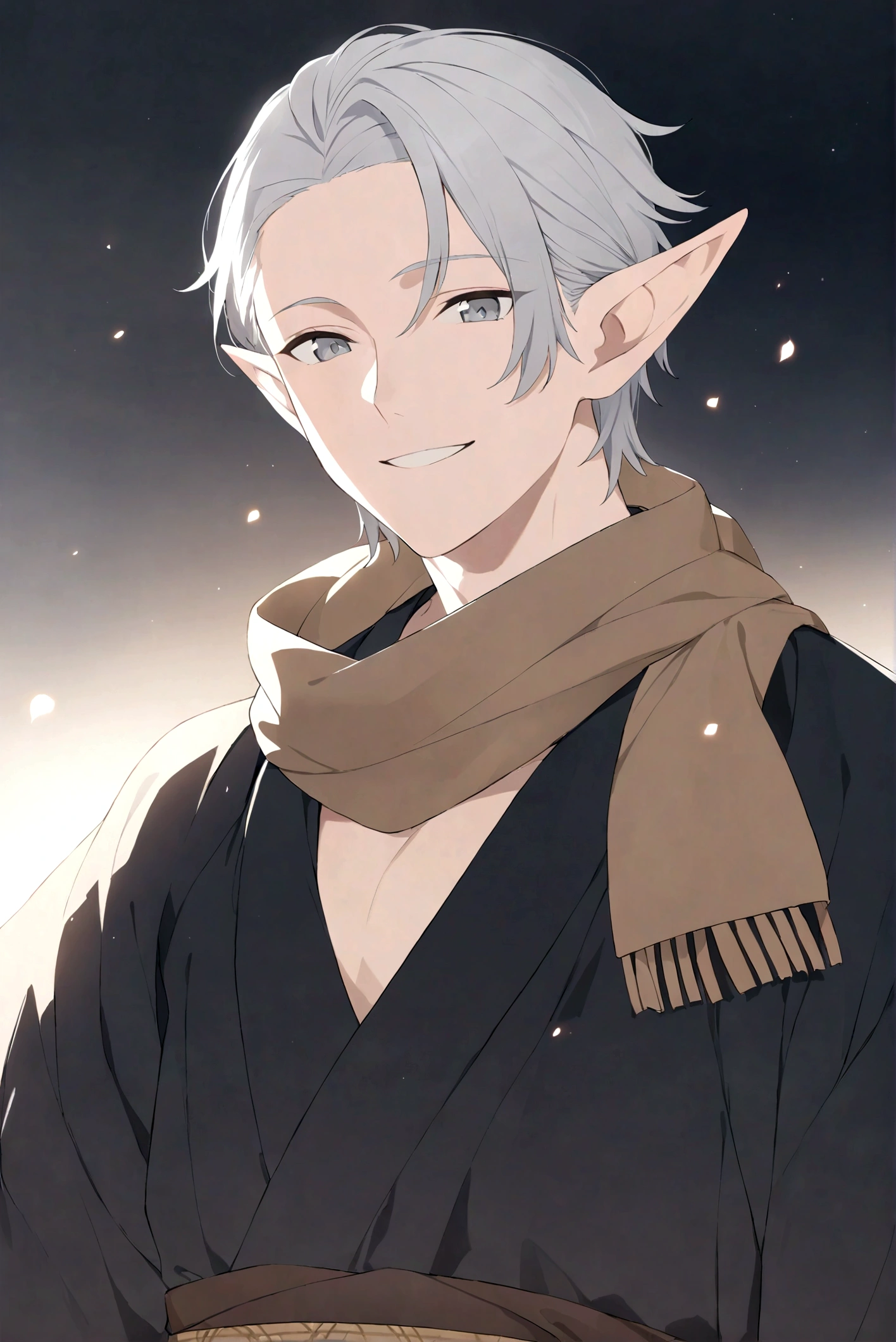 (Artwork, very high quality photo, CGI effect, lighting effect, shading effect), a male elf, bright gray eyes, short platinum hair, (wearing a black kimono with gold details), a brown scarf wrapped around his neck , white yukata over the kimono, (A confident smile on his face, a look of victory)