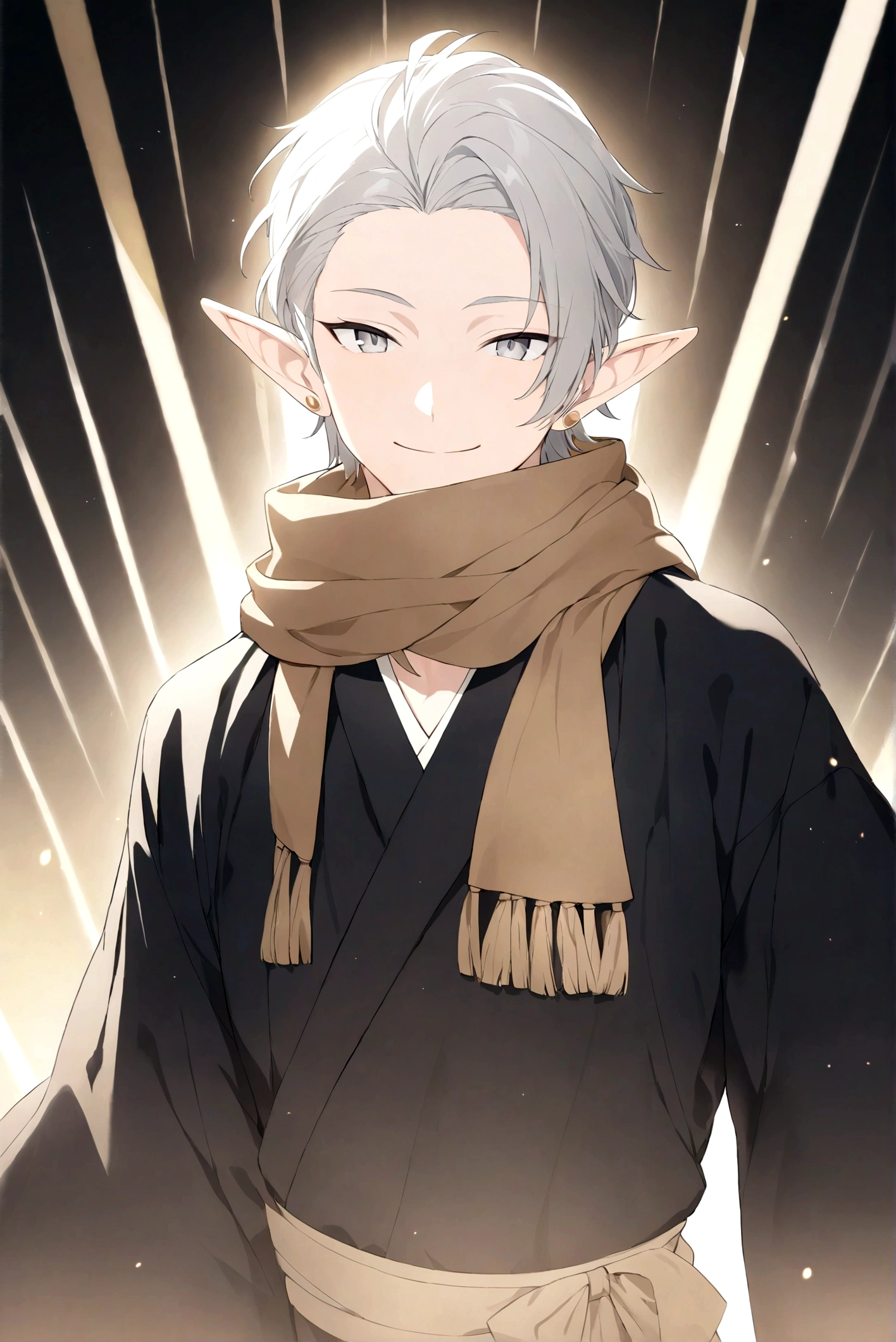 (Artwork, very high quality photo, CGI effect, lighting effect, shading effect), a male elf, bright gray eyes, short platinum hair, (wearing a black kimono with gold details), a brown scarf wrapped around his neck , white yukata over the kimono, (A confident smile on his face, a look of victory)