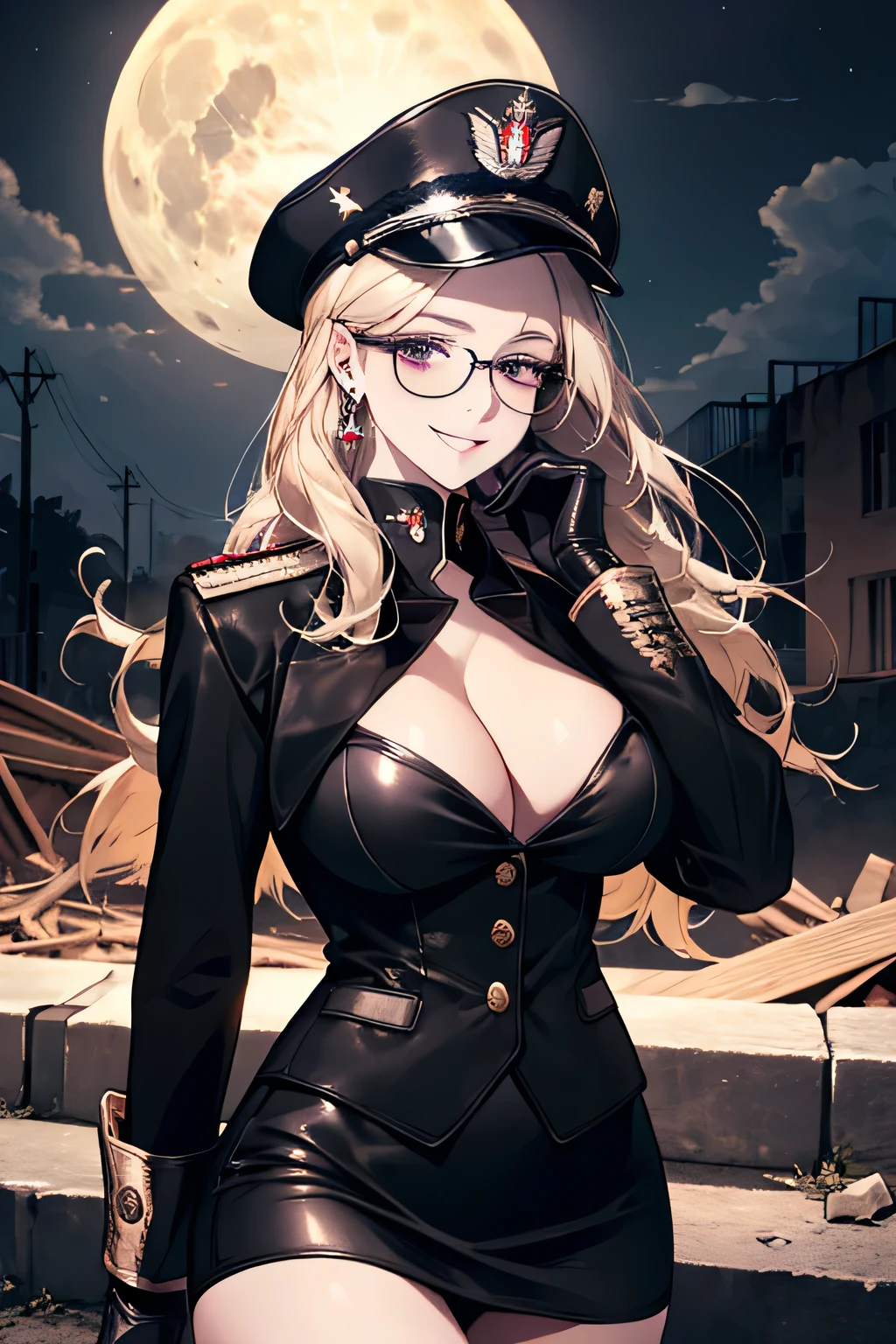 ( Detailed Description, High resolution,8k wallpaper,, masterpiece,best quality,Depth of Realm). A beautiful young woman、so beautiful、Anatomically accurate depiction,Platinum Blonde,Facial details、Glasses、Gold earrings in the ears(Provocative smile),(She is wearing a dark purple military cap.,Dark purple military jacket、Black Leather Gloves,Wearing a tight black leather skirt)、(Large Breasts)、Cleavage,Accurate hand drawing. The background is a collapsed building,night,full moon.