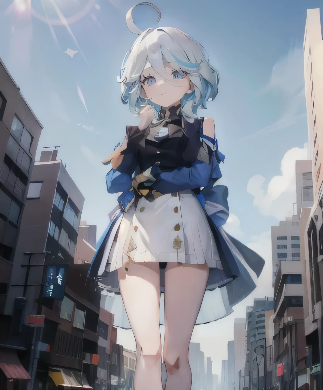 1 Girl,huge,Shy,barefoot,white blue hair,blue eyes,Sitting on the Earth,line-up,line-upGiga,city building,line-upCity,Look up from the bottom up,whole body