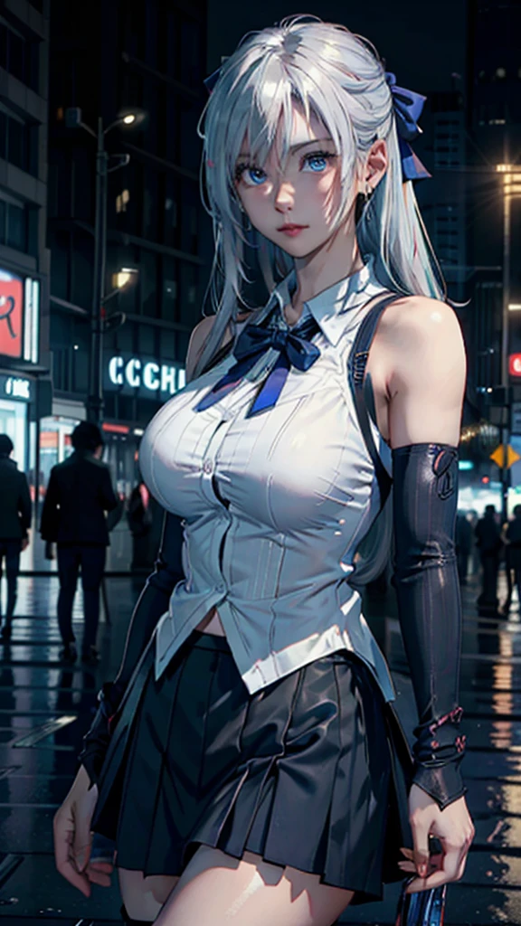 (8k, RAW photo, masterpiece:1.3), (realistic, photo-realistic:1.37), (night), (looking at viewer:1.331), (white hair), posing, Tokyo street, nightcityscape, cyberpunk city, soft light, 1girl, extremely beautiful face, bust, put down hands, Random hairstyle, Random expression, big eyes, lower abdomen, (short-sleeved .JK_shirt), JK_style, (dark blue JK_skirt), (bow JK_tie), mix4., best quality