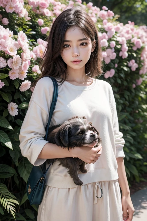 incitar: Um incrivelmente charmoso carregando uma mochila, accompanied by her adorable puppy, desfrutando de um lindo passeio de primavera cercado por lindas flores amarelas e paisagens naturais. The illustration is in high definition with 4k resolution, with highly detailed facial features and cartoon-style visuals.