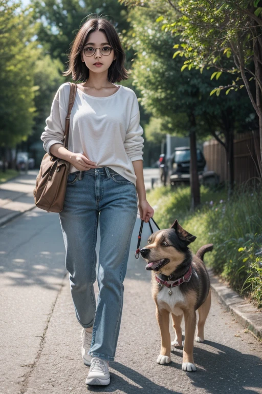 incitar: Um incrivelmente charmoso carregando uma mochila, accompanied by her adorable puppy, desfrutando de um lindo passeio de primavera cercado por lindas flores amarelas e paisagens naturais. The illustration is in high definition with 4k resolution, with highly detailed facial features and cartoon-style visuals.