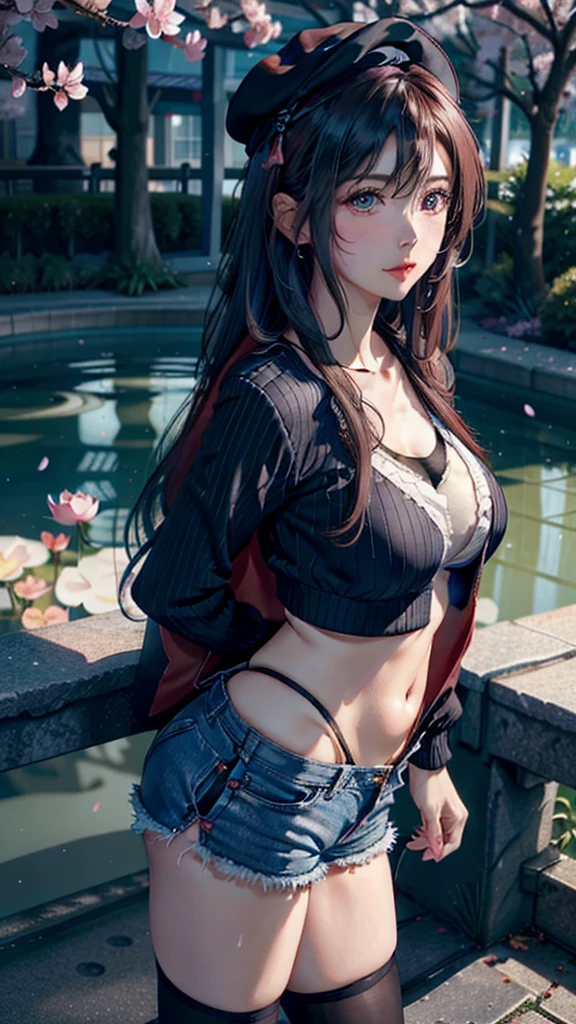 1female,45 yers old,Married Woman,MILF,plumw,extremely large bosom, solo,(Background with:ponds,Cherry blossom forest,lotus flower)Lie underwater, She has long pink hair,standing on your feet,seen from the front,, mostly cloudy sky,(((tmasterpiece),(Very detailed CG unity 8K wallpaper),best qualtiy,cinmatic lighting,detailed back ground,beatiful detailed eyes,Bright pupils,Black eyes,Snow-whiteskin,Redlip(Very fine and beautiful),(Beautiful and detailed eye description),ultra - detailed,tmasterpiece,))facing at camera,A high resolution,ultra - detailed),revealing breasts,Bare genitalia, Bulge,legs are open,Raised sexy,Camel toes,Flushed complexion,Desire for dissatisfaction,frontage,(Wearing:baseball cap,Red baseball jacket,sexy shorts)