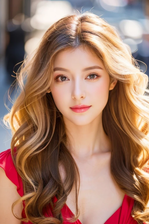Gorgeous girl with golden white Curly long hair, long eyelashes beautiful eyes with brightness, delicate nose and face, cuscious lips , cute face,, slim figure, medium chest, standing, looking at viewers, wearing red dress, sexy street photo shoot
