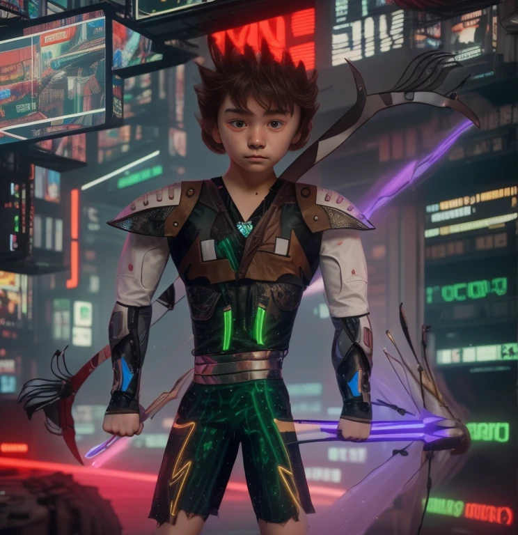 Full-length hyperrealistic photograph of a 1 boy, 20 years old, cyberpunk archer, with cyberpunk technological armor, neon lights effects, energy bow, energy arrows, short brown hairs, masterpiece, photorealistic, raw camera, uhd, 8k