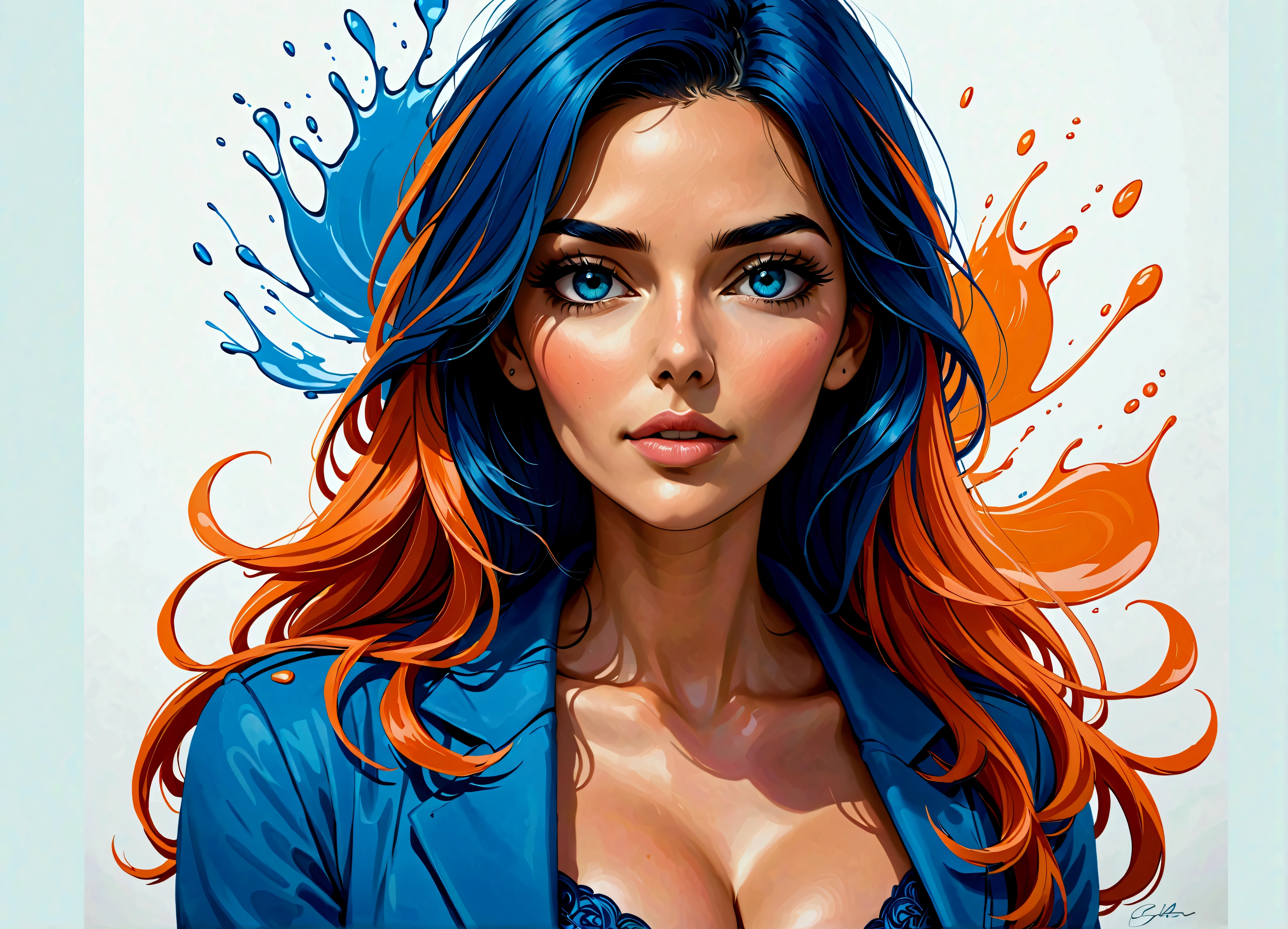 Uma linda mulher, highlighted in vibrant colors like a colored pencil drawing, tirando o cabelo do rosto. The woman is very well dressed in a mix of blue tones, rosa e laranja, com detalhes intrincados destacando suas vestes. All around her are splashes of color similar to watercolors., com flores e gotas de tintas..