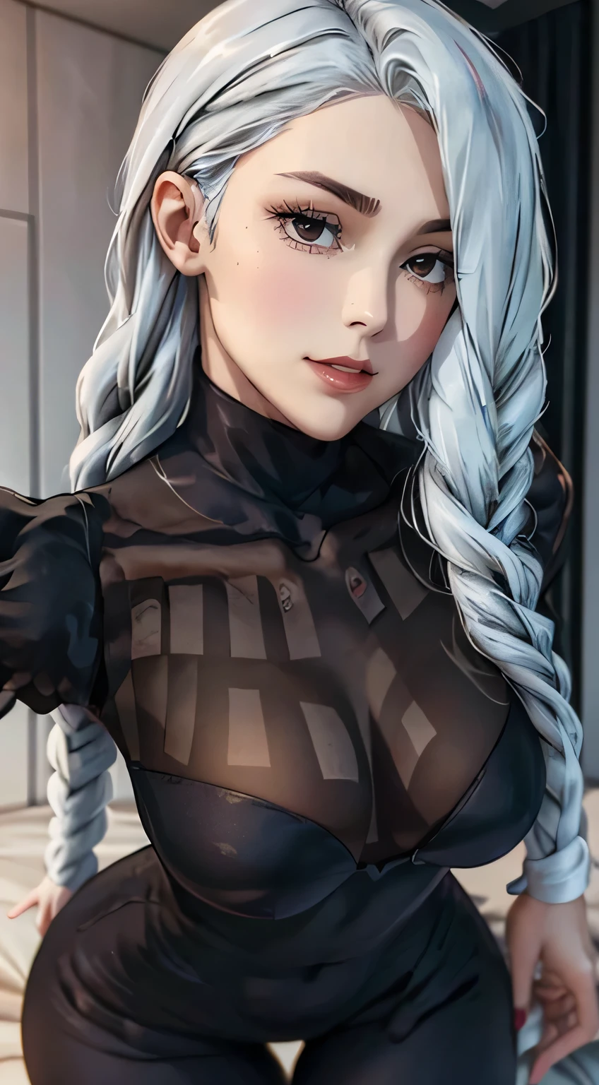 (best quality:1.3), (4k quality),(sharp image), Meimei, ((Detailed face)), ((masterpiece face)),((perfect detailed eyes)) (blush), Meimei, (((white silver hair, long white braided hair))), black eyes, red lips, red lips, sly face, face with stern features, ((detailed face)), perfect face, highly detailed eyes, masterpiece, absurdres , (intricate details), (colorful),cinematic lighting, extremely detailed CG unity 8k wallpaper , 1girl, solo, mature female, erected tits, fit body, cameltoe, black tight dress, ((bedroom)), ((perfect small erected breast))((fit slim body)), ((perfect small breast)), wicked smile, fit slim body, standing in seductive pose