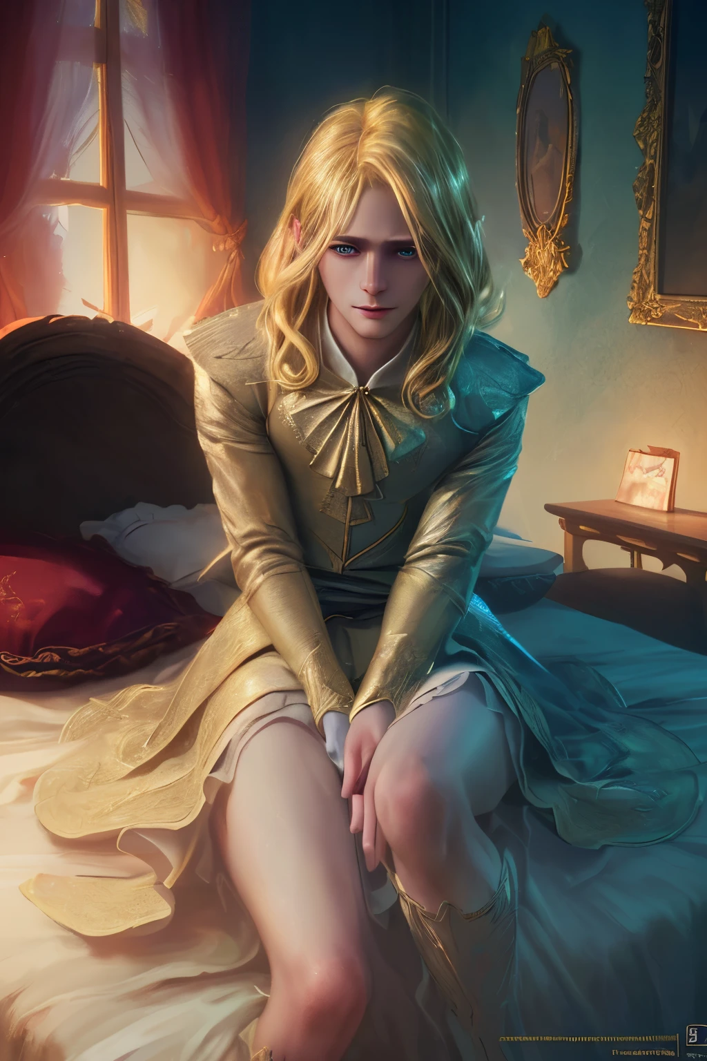 a cute blonde boy, cute blonde boy apprentice magician, detailed boy face, detailed facial features, beautiful detailed eyes, beautiful detailed lips, extremely detailed eyes and face, long eyelashes, impish smile, holding magic wand, knee on bed (best quality,4k,8k,highres,masterpiece:1.2),ultra-detailed,(realistic,photorealistic,photo-realistic:1.37),digital painting,concept art,cinematic lighting,dramatic shadows,vibrant colors,