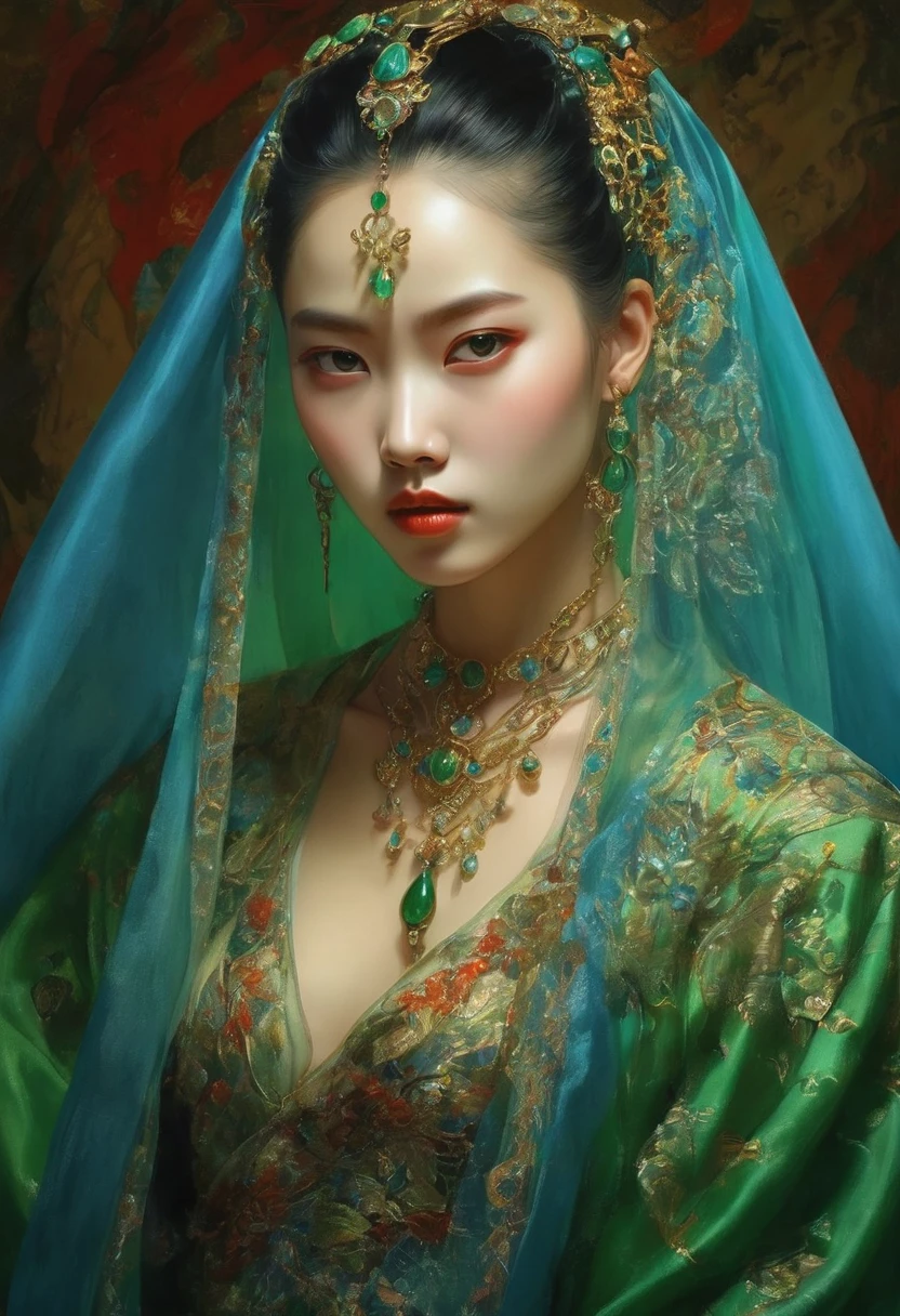 (masterpiece, best quality:1.2), elegant girl, striking pose, exquisite detailed features, piercing eyes, sharp nose, sensual lips, ornate clothing, symmetrical composition, cinematic lighting, dramatic chiaroscuro, rich color palette, high contrast, digital art, photorealistic,xianxia,anatomical correct:2,green,blue