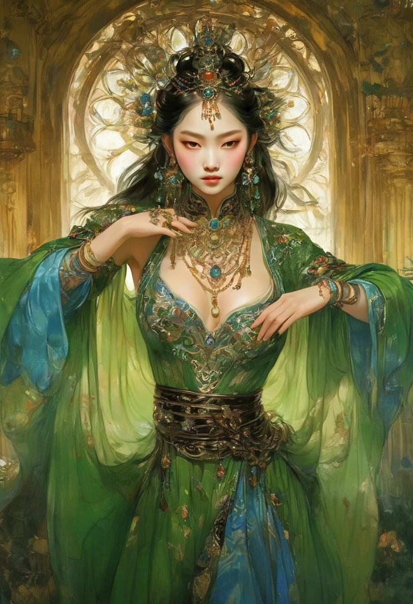 (masterpiece, best quality:1.2), elegant girl, striking pose, exquisite detailed features, piercing eyes, sharp nose, sensual lips, ornate clothing, symmetrical composition, cinematic lighting, dramatic chiaroscuro, rich color palette, high contrast, digital art, photorealistic，xianxia，anatomical correct:2，green，blue