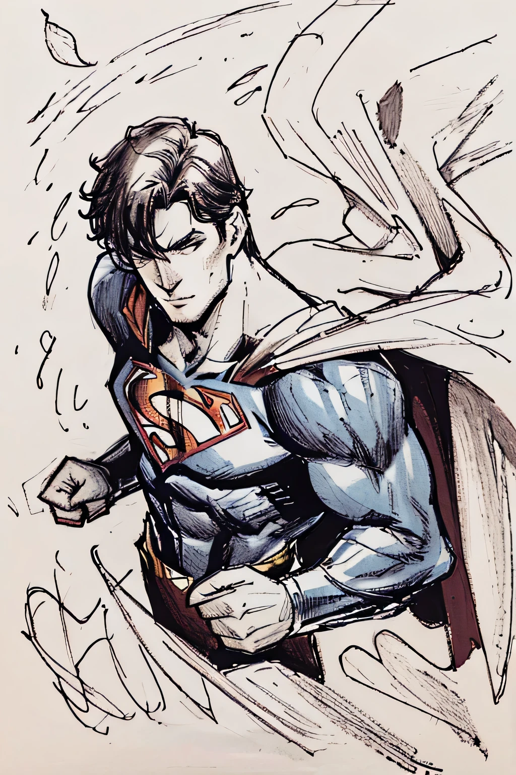 A doodle of superman, less detailing, a lot of errors, over lining, messy, drawn in a sketch book,  no shading, no blending, no potrait, no colouring, colored pencil beside the drawing