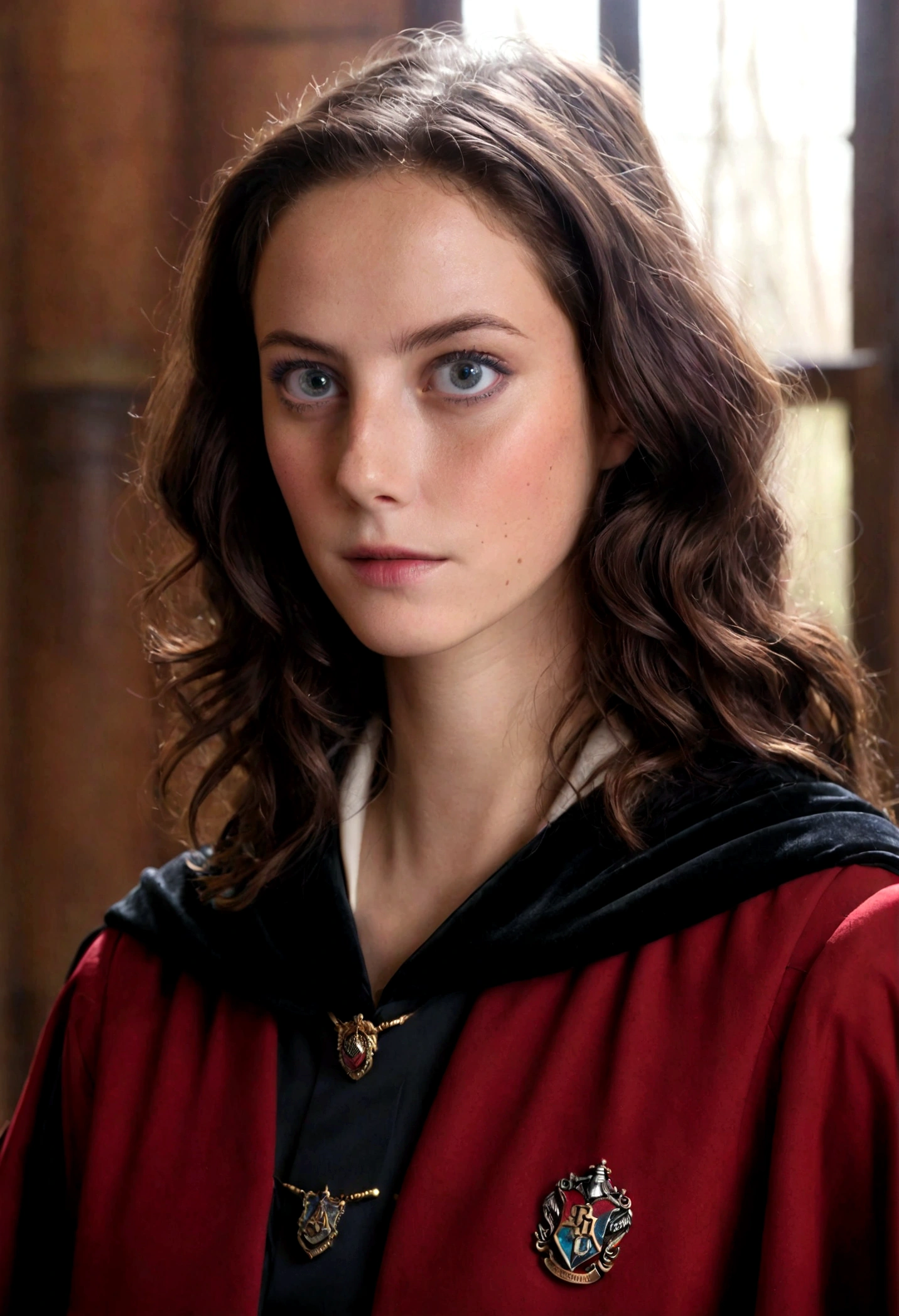 Arad woman in Harry Potter robes(((medium close-up))),1girl in,8K, Raw photography, top-quality, ​masterpiece, realisitic,Robes,wearing black wizard robes, magic , looks like an aged 29 Kaya Scodelario, aged 24, wearing robes and neckties, hogwarts style, wearing red sorcerer's robes, High quality clothing, (Canon EOS 5D Mark IV Camera, Famous for capturing vibrant colors and rich textures:1.2)
