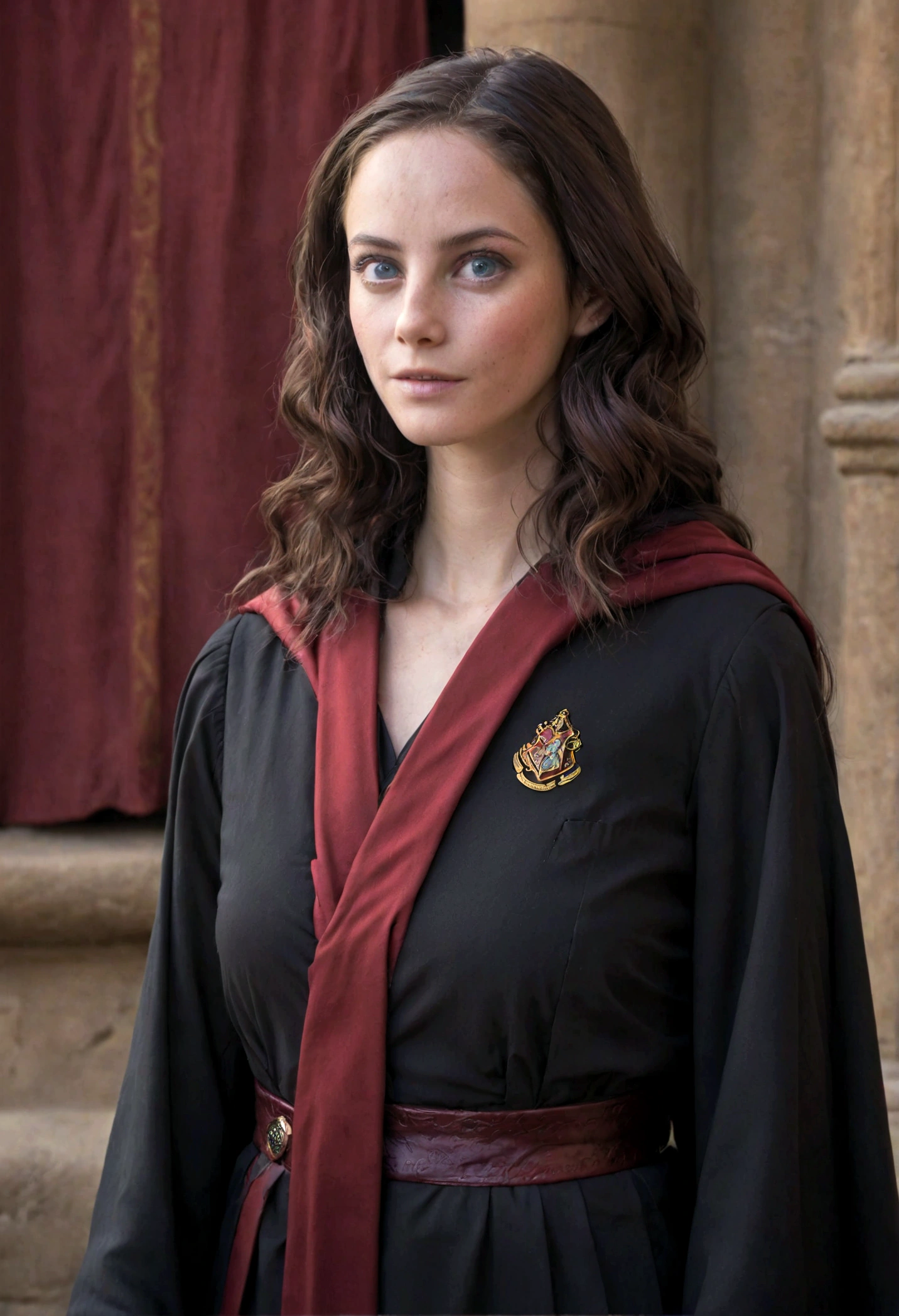 Arad woman in Harry Potter robes(((medium close-up))),1girl in,8K, Raw photography, top-quality, ​masterpiece, realisitic,Robes,wearing black wizard robes, magic , looks like an aged 29 Kaya Scodelario, aged 24, wearing robes and neckties, hogwarts style, wearing red sorcerer's robes, High quality clothing, (Canon EOS 5D Mark IV Camera, Famous for capturing vibrant colors and rich textures:1.2)
