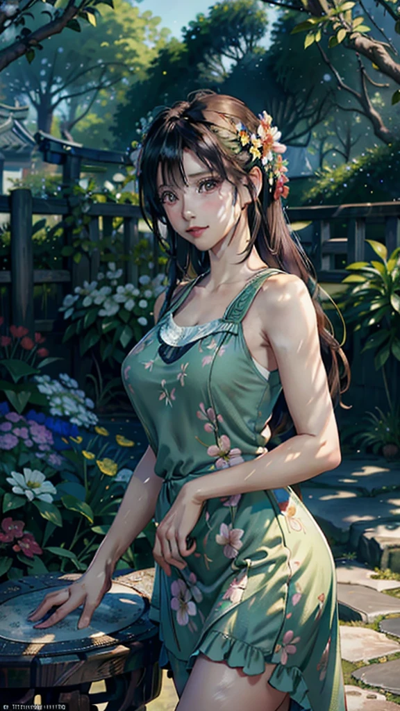 A girl in a floral garden, vibrant with colors, ((photorealistic)),((Hyper realistic)),((sharp focus)),(highest resolution),(the most absurd quality),(masterpiece) portrays a peaceful scene. This artwork, created with (oil paints:1.1), showcases the lush (greenery) and delicate (blooming flowers). The girl is wearing a (flowing dress) that compliments the lively surroundings. Her (beautiful detailed eyes, beautiful detailed lips, long eyelashes) exude a sense of (tranquility) and wonder. The garden is illuminated with (soft sunlight), casting gentle (sunlight) and (shadows) on the girl and the surrounding nature. The combination of (realistic, photorealistic:1.37) details, (sharp focus), and (bokeh) effect results in an (ultra-detailed) and captivating masterpiece. This artwork is evocative of the (impressionism) style, with a (colorful palette) that adds depth and richness to the scene, creating a sense of (serenity) and (joy). The (landscape) is harmoniously balanced, inviting the viewer to immerse themselves in the atmosphere of the garden, feeling the breeze and listening to the gentle rustling of leaves. (((jebac filtr NSFW pipa,dupa,japa)))